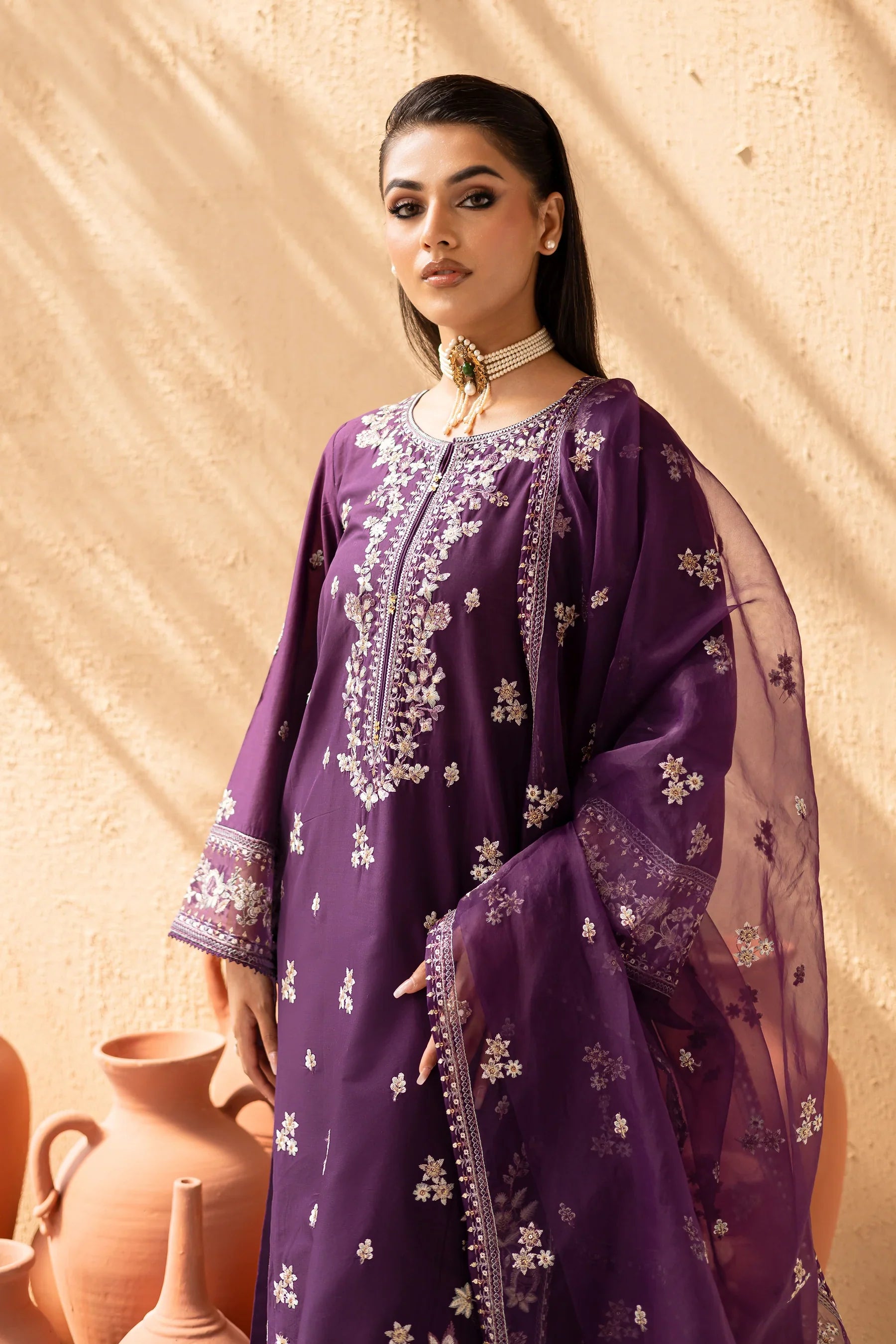 Amethyst 3Pc Embroidered Solid Dress