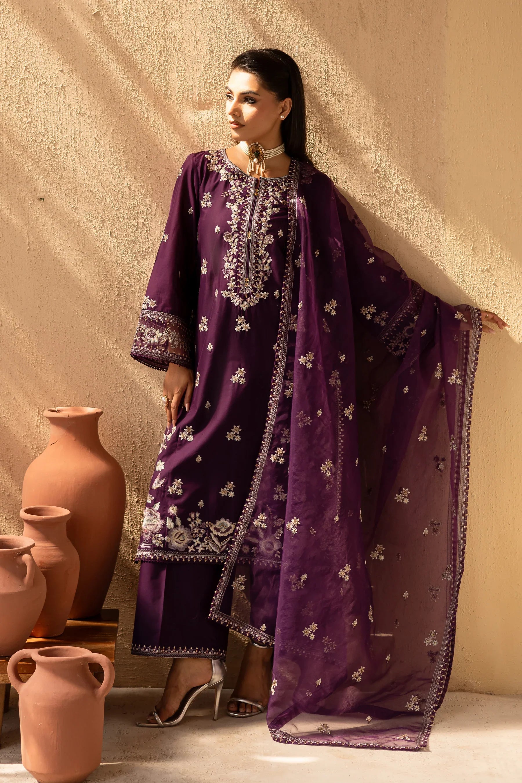 Amethyst 3Pc Embroidered Solid Dress