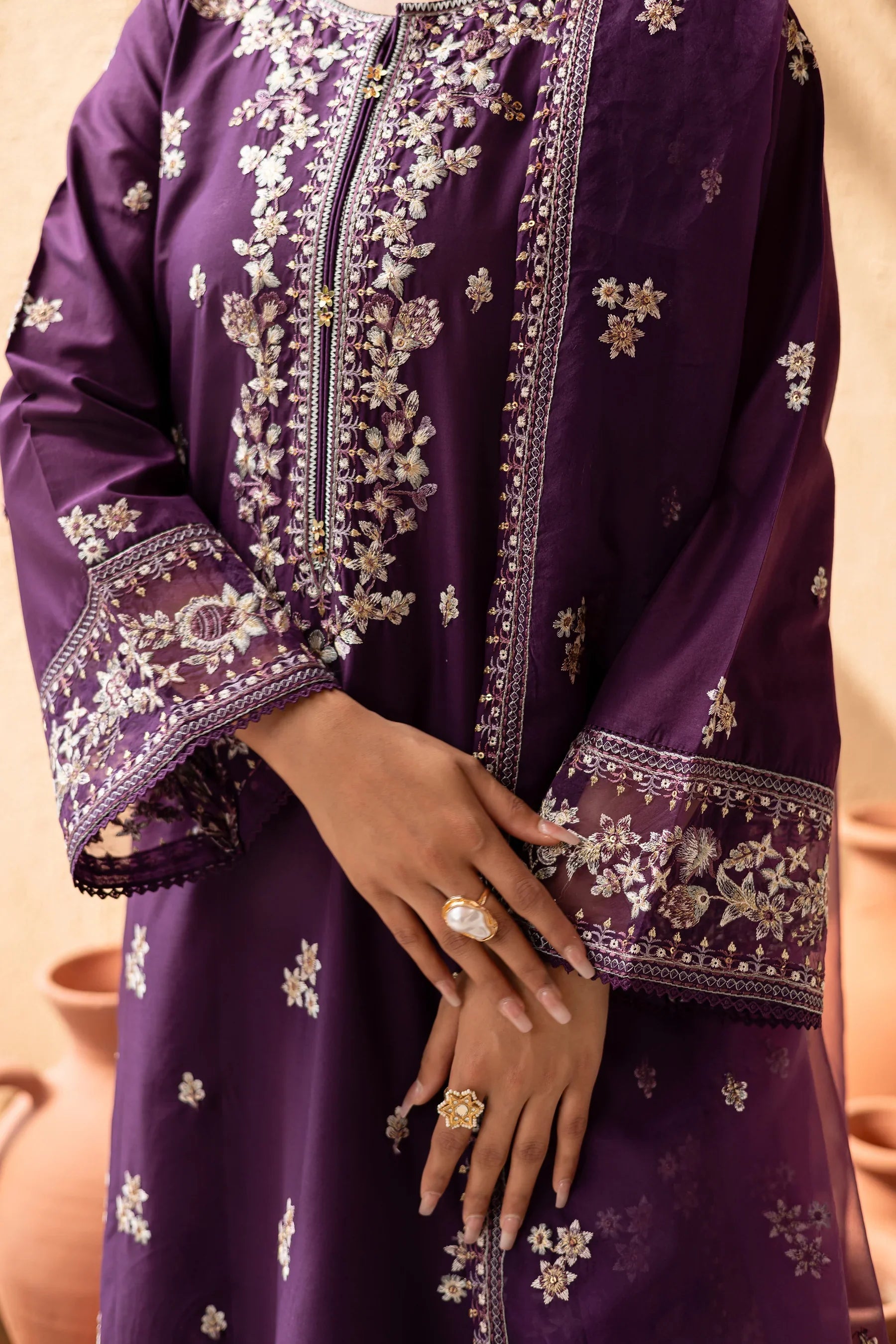 Amethyst 3Pc Embroidered Solid Dress