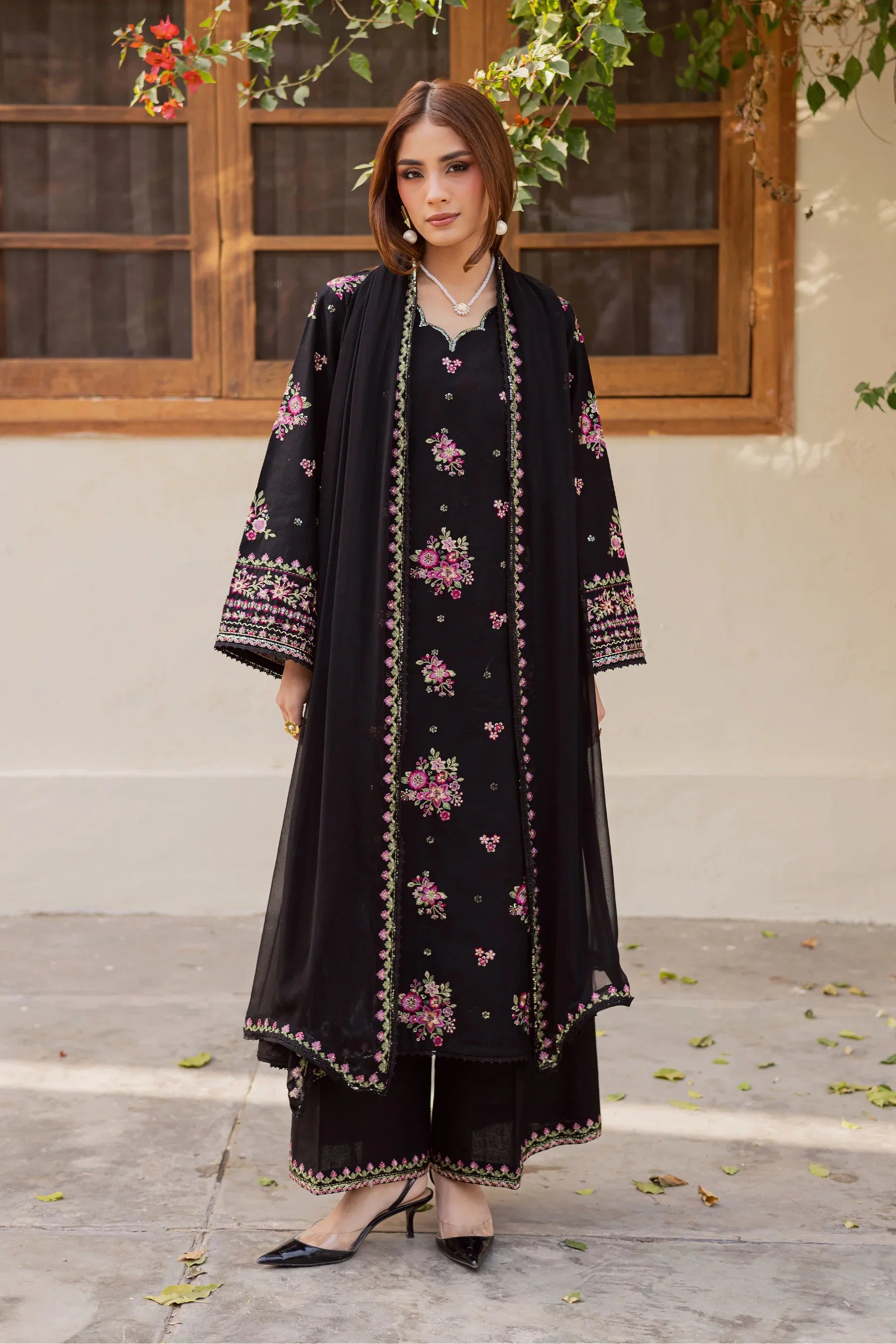 Black Pink 3Pc Embroidered Dress