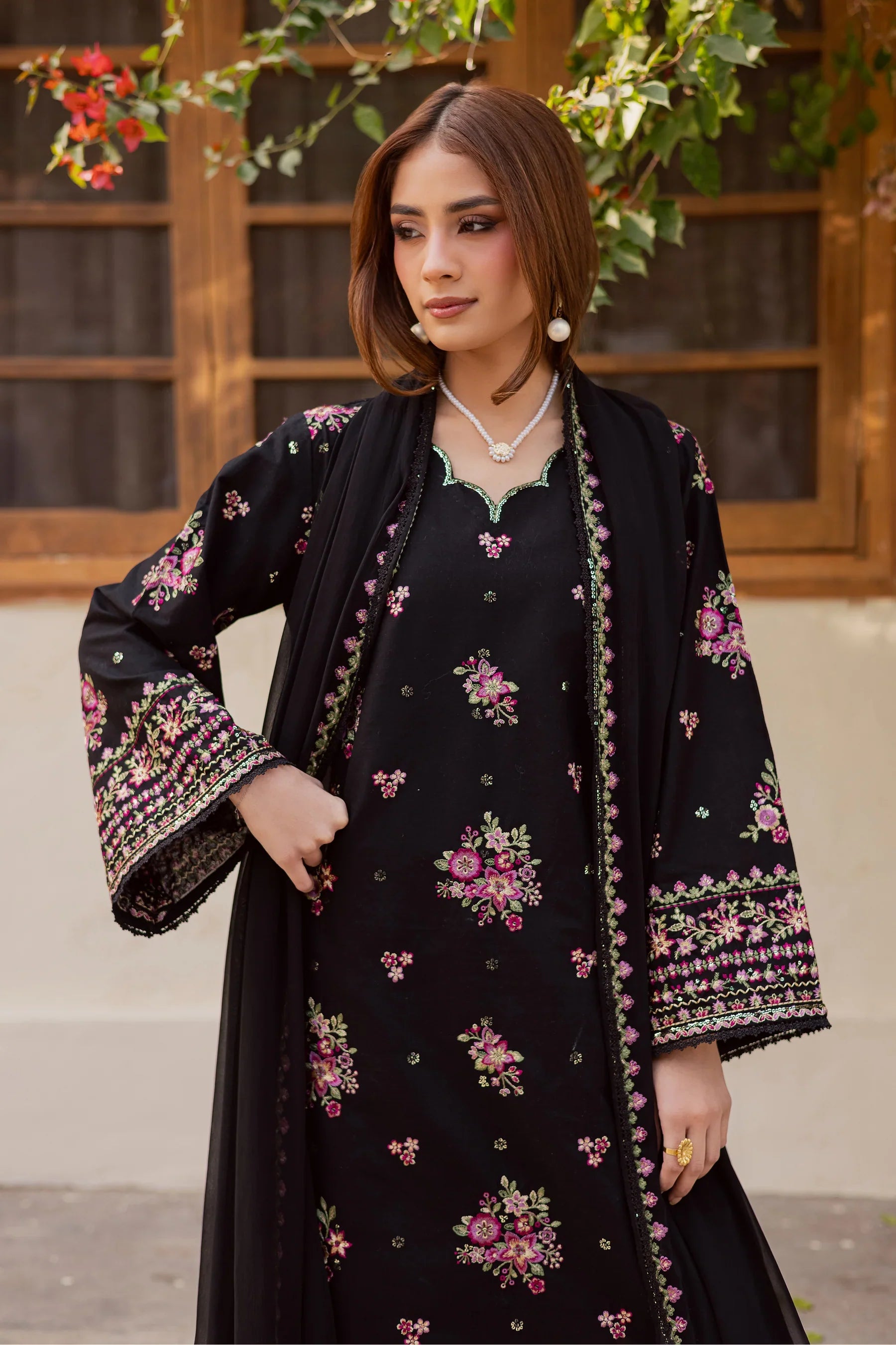 Black Pink 3Pc Embroidered Dress
