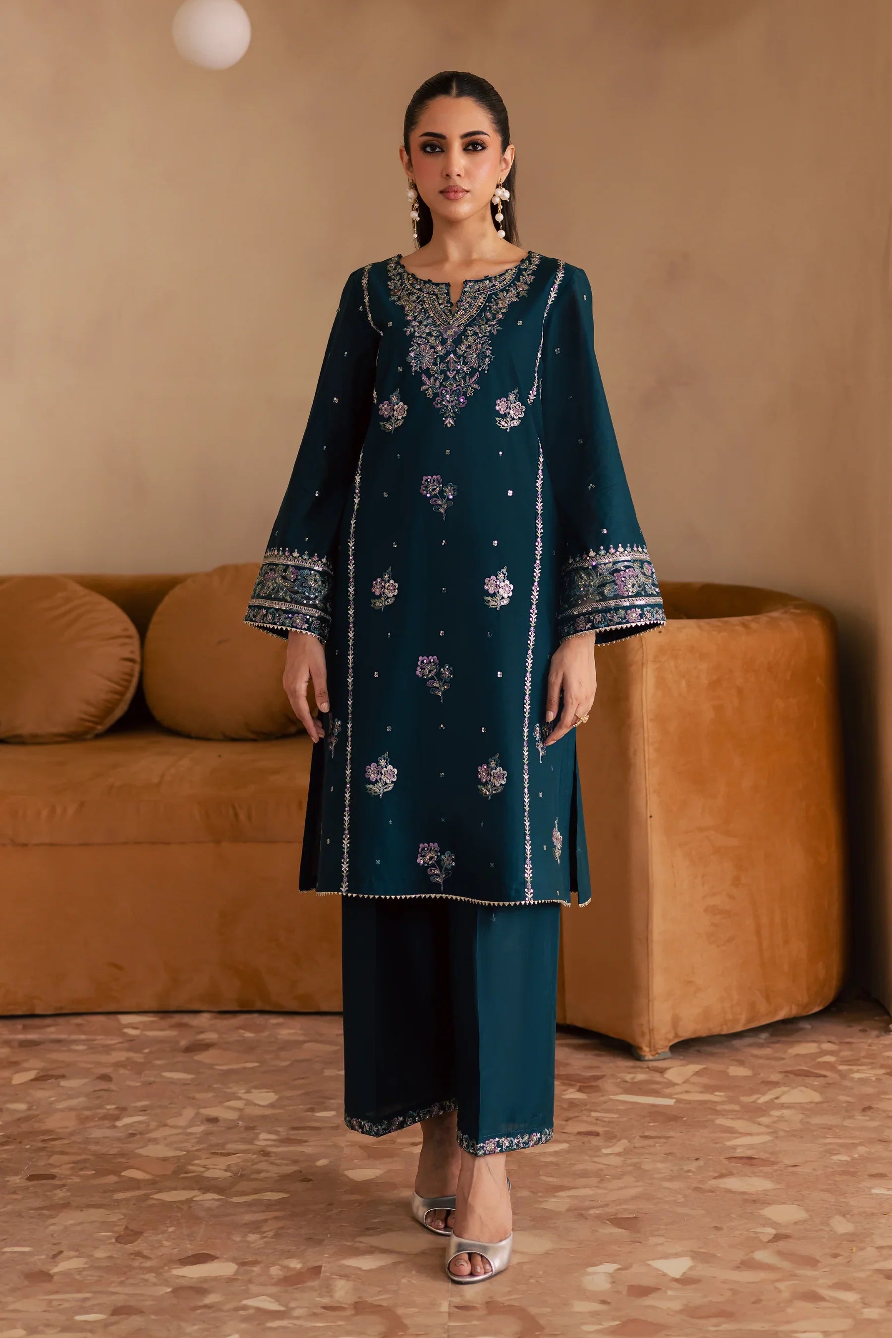 Pine 2Pc Embroidered Solid Dress