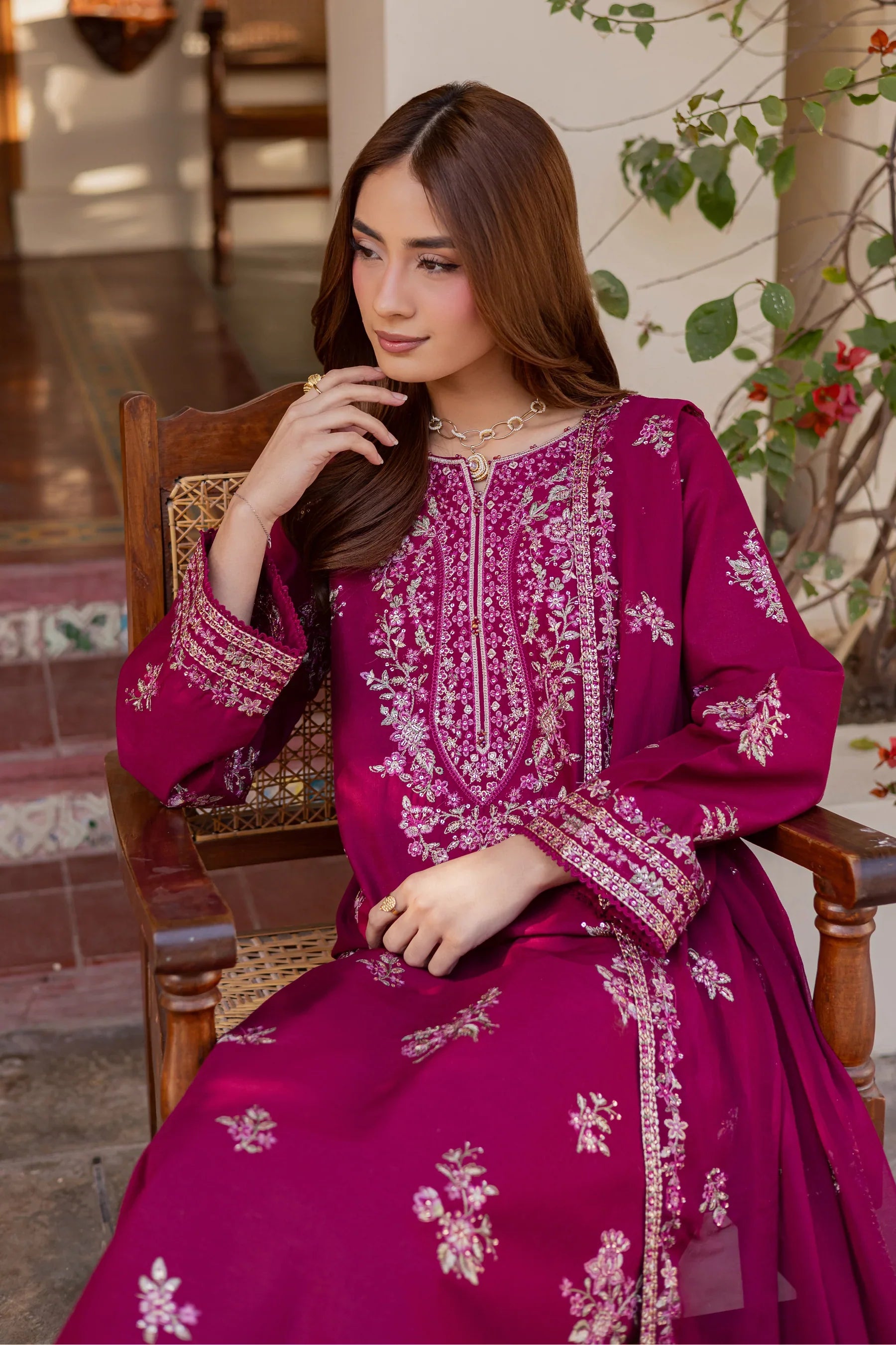 Plum Meeraki 3Pc Embroidered Dress