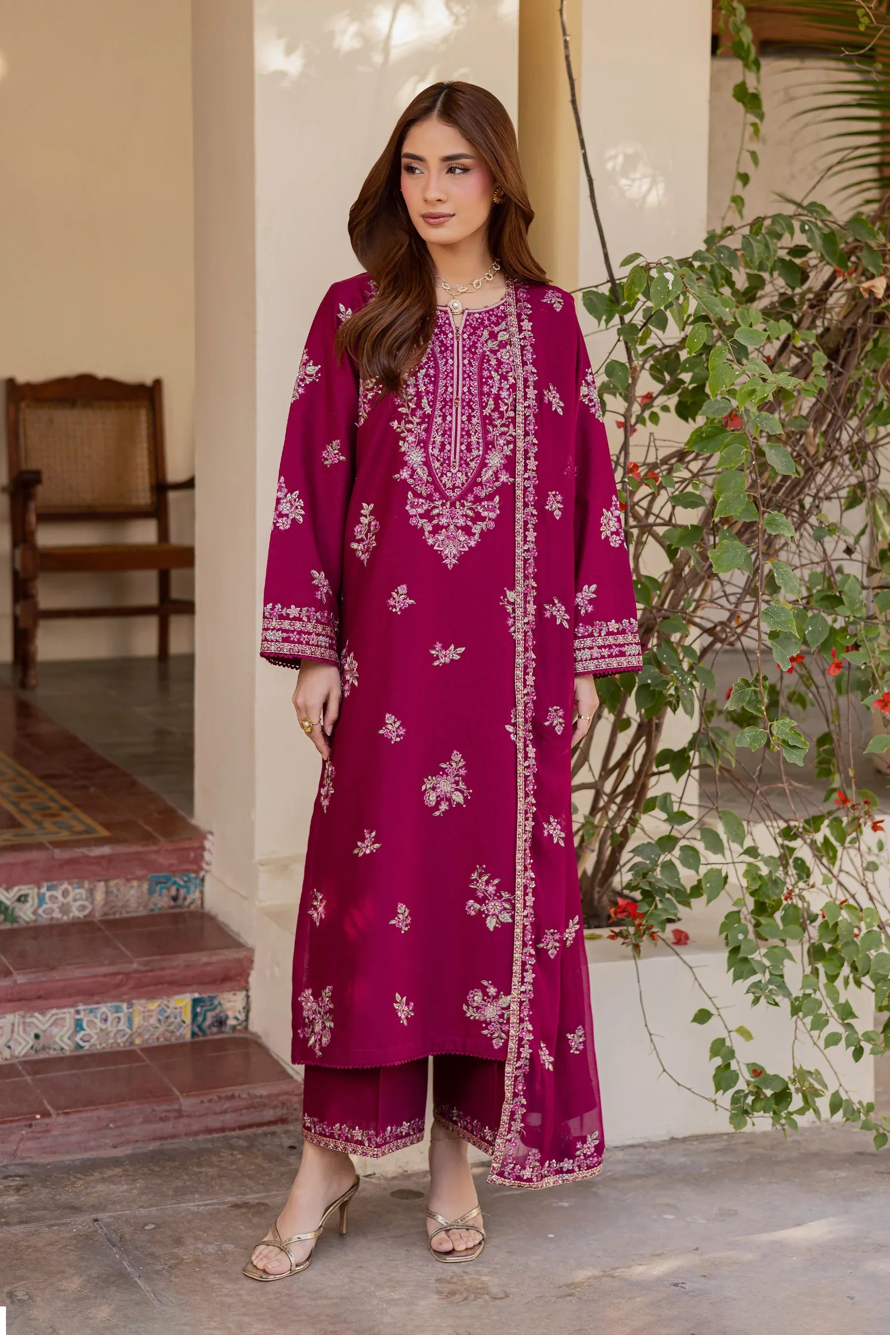 Plum Meeraki 3Pc Embroidered Dress