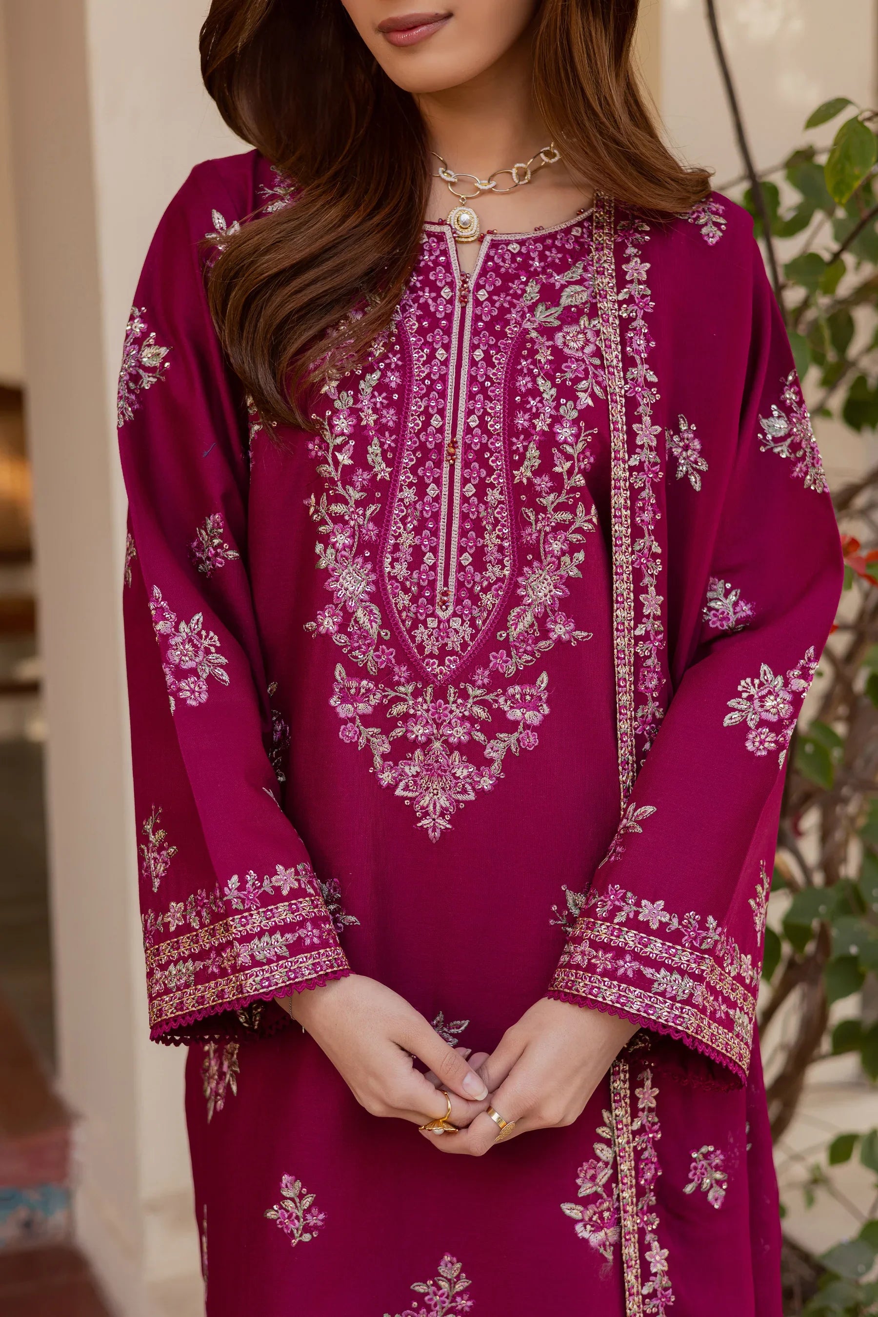 Plum Meeraki 3Pc Embroidered Dress