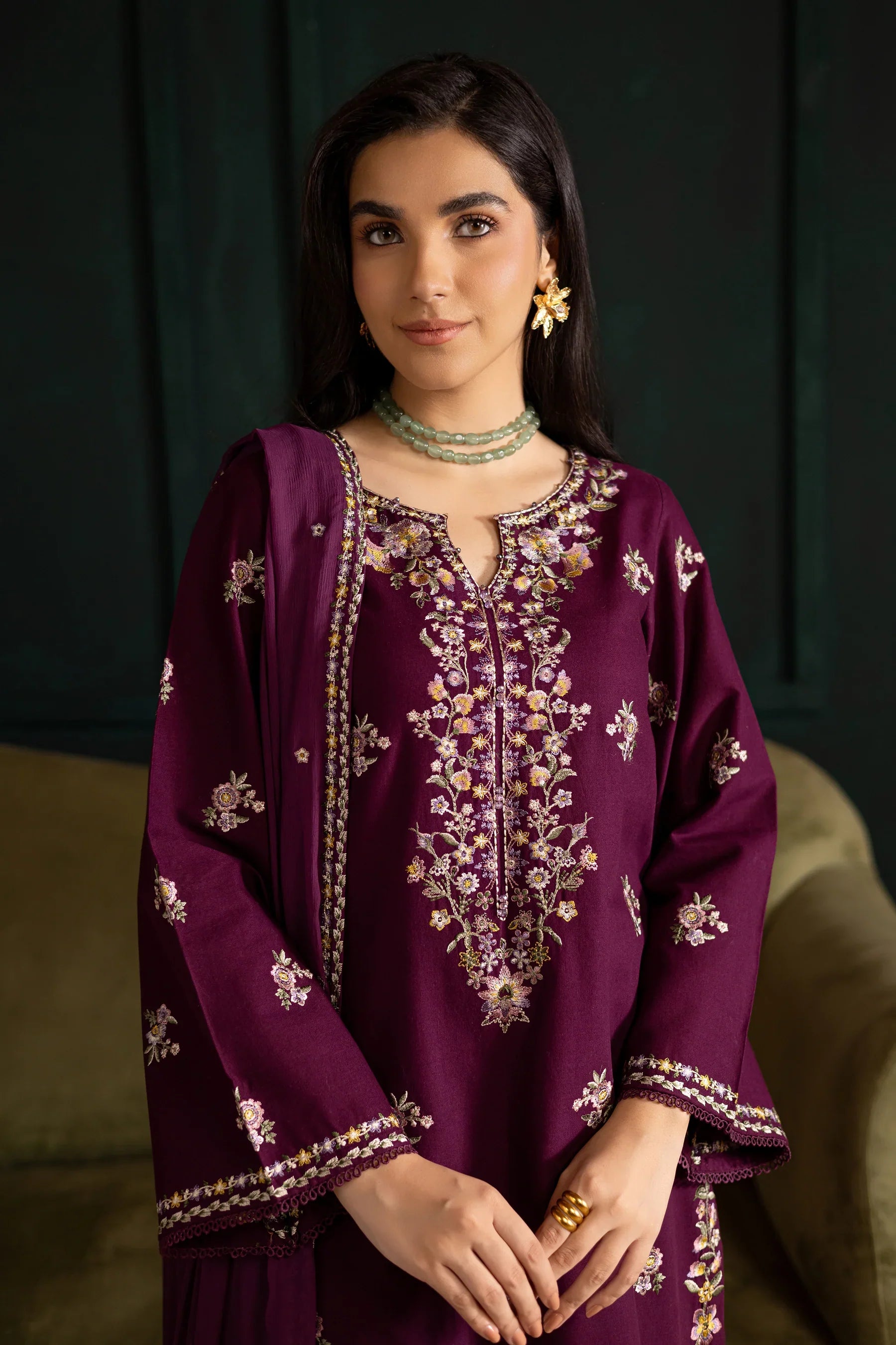 Prune 3Pc Embroidered Dress