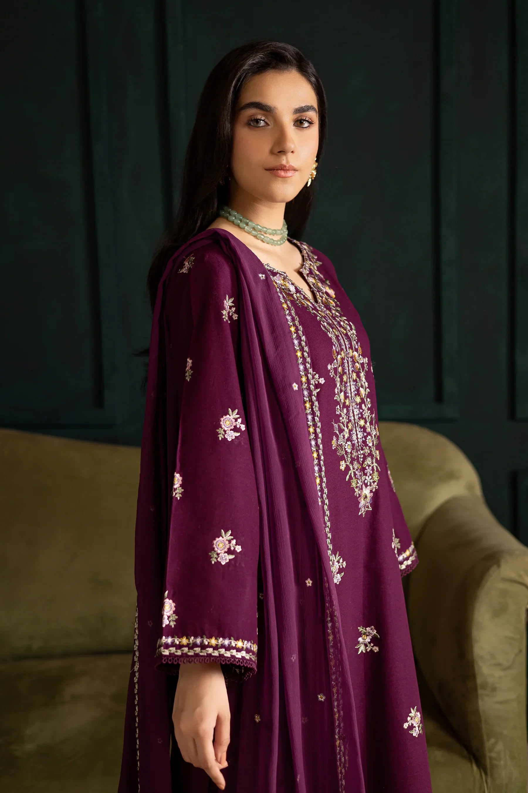 Prune 3Pc Embroidered Dress