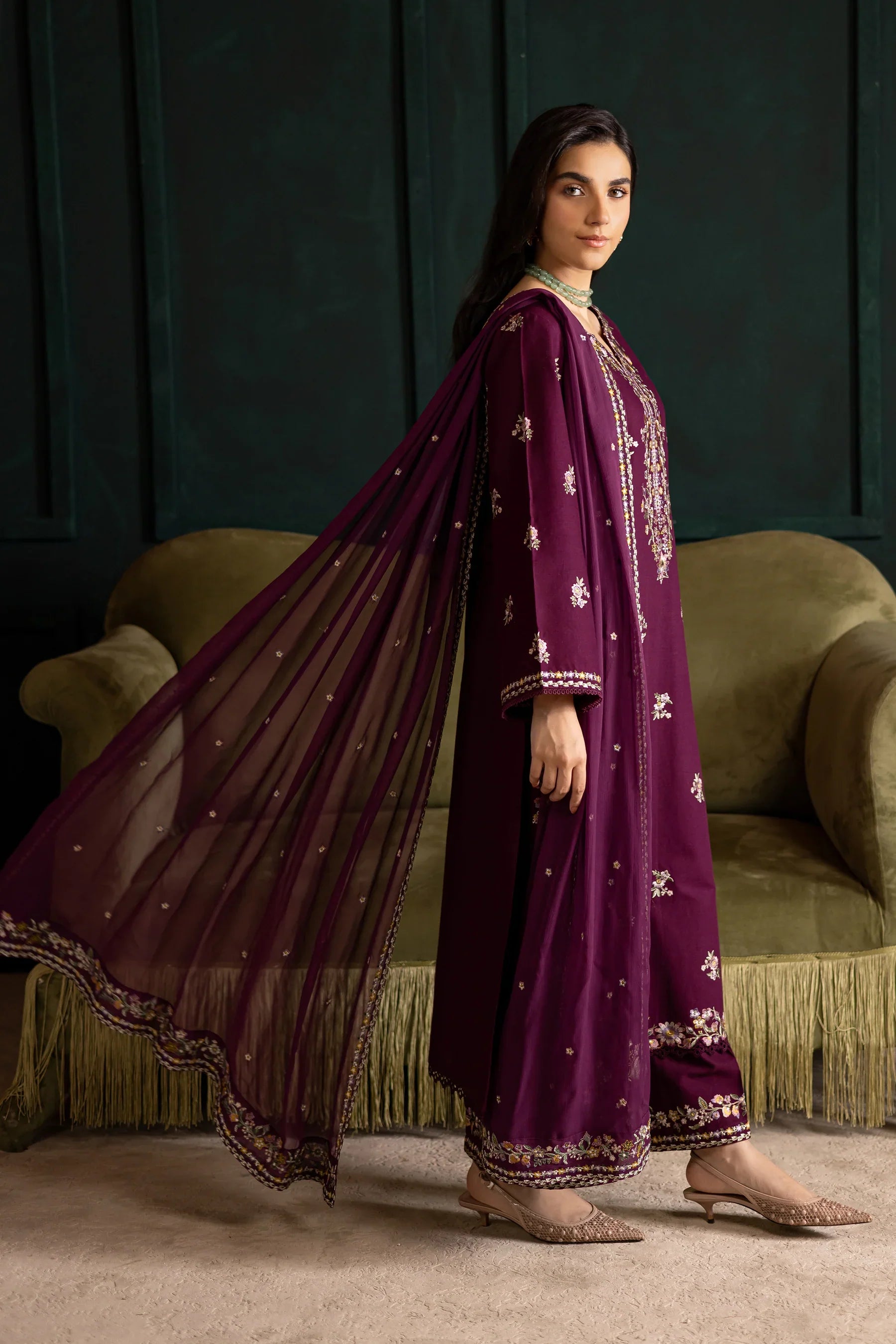 Prune 3Pc Embroidered Dress