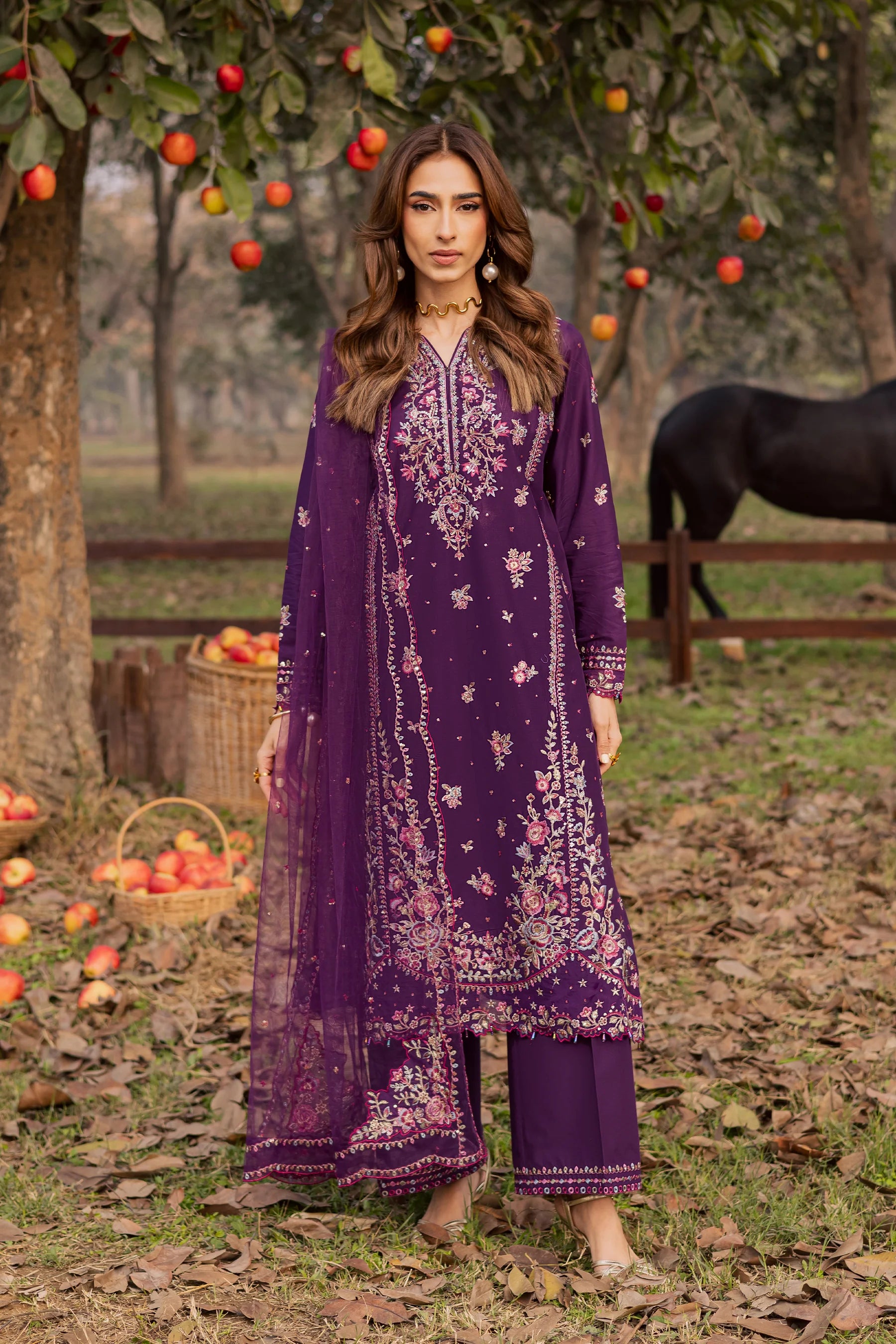 Purple Garden 3Pc Festive Embroidered Dress