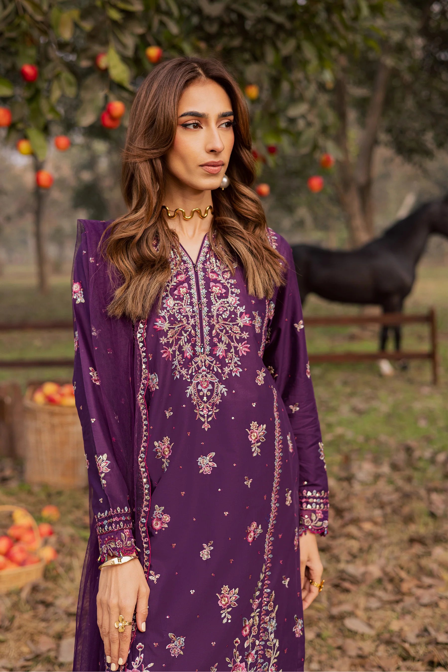 Purple Garden 3Pc Festive Embroidered Dress