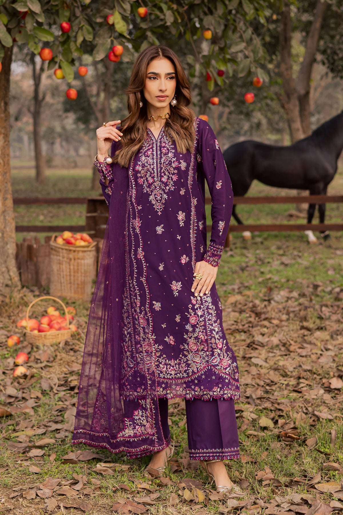 Purple Garden 3Pc Festive Embroidered Dress