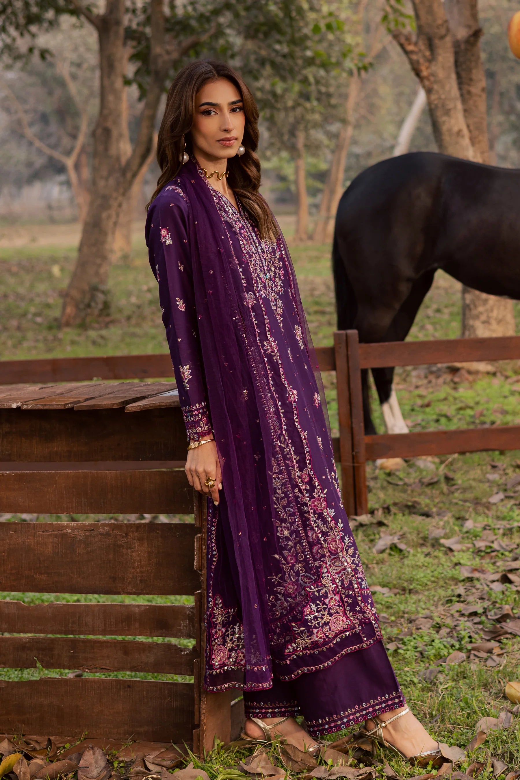 Purple Garden 3Pc Festive Embroidered Dress