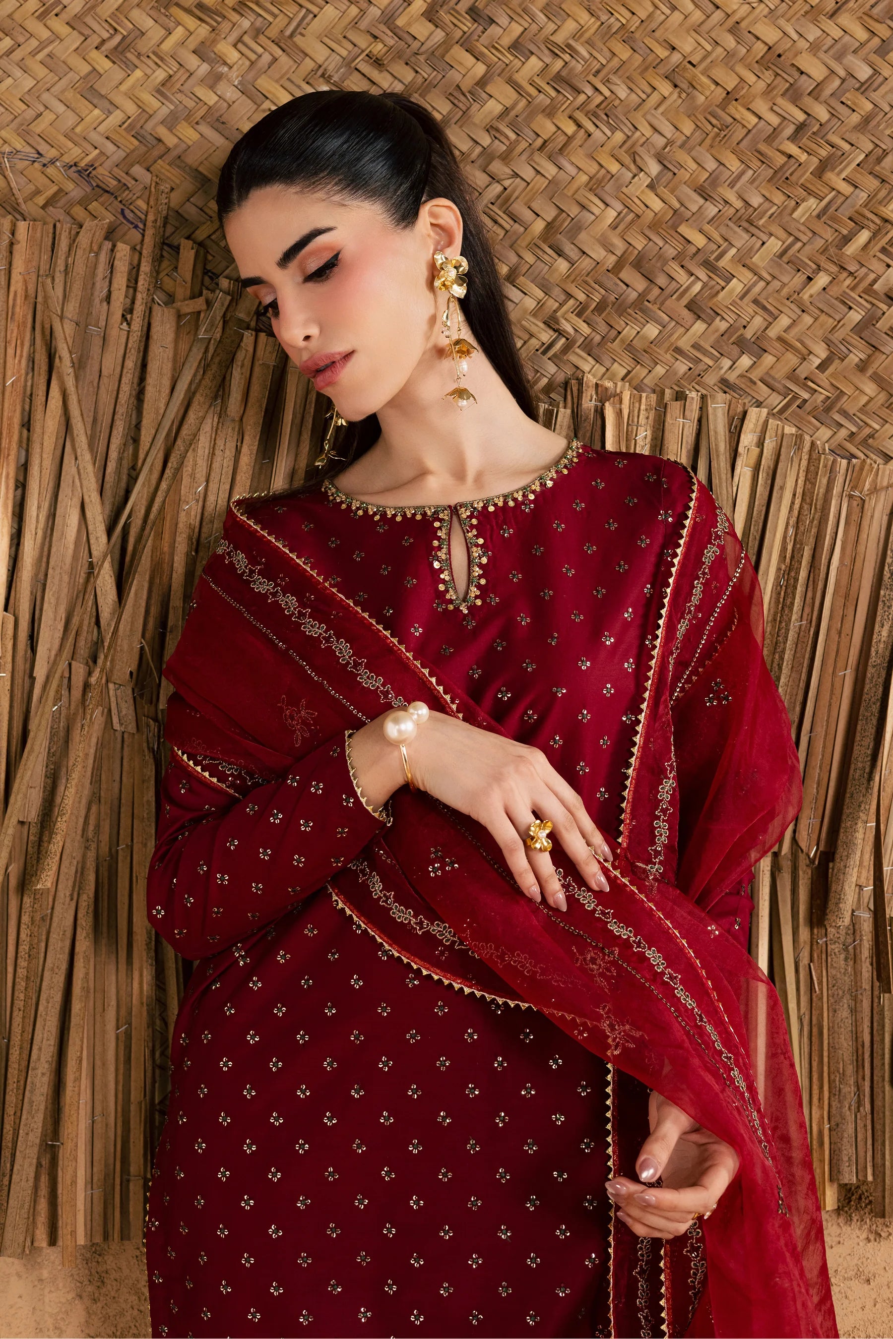 Red Monaco 3Pc Festive Embroidered Pret