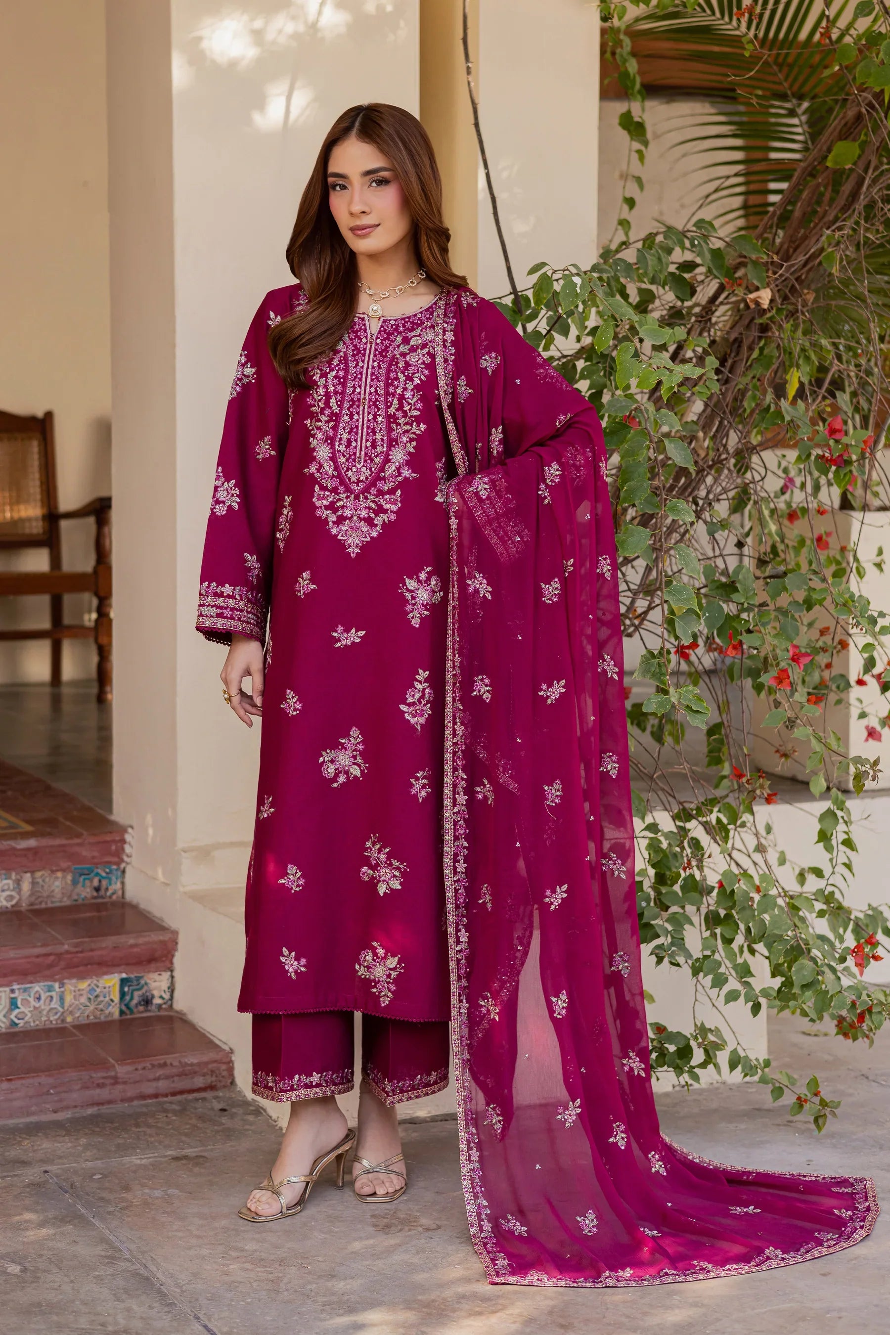 Plum Meeraki 3Pc Embroidered Dress