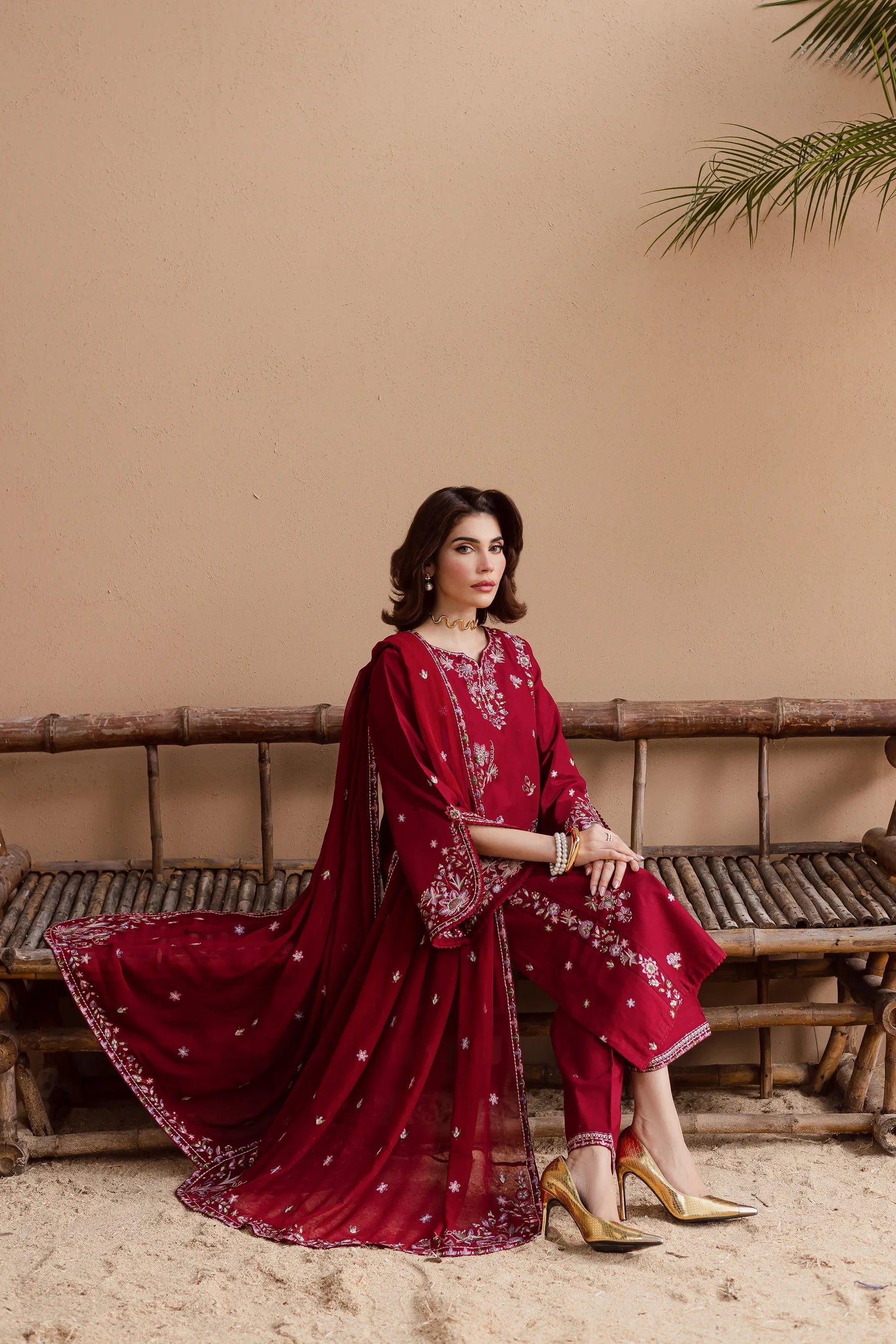Beet Rush 3Pc Embroidered Dress