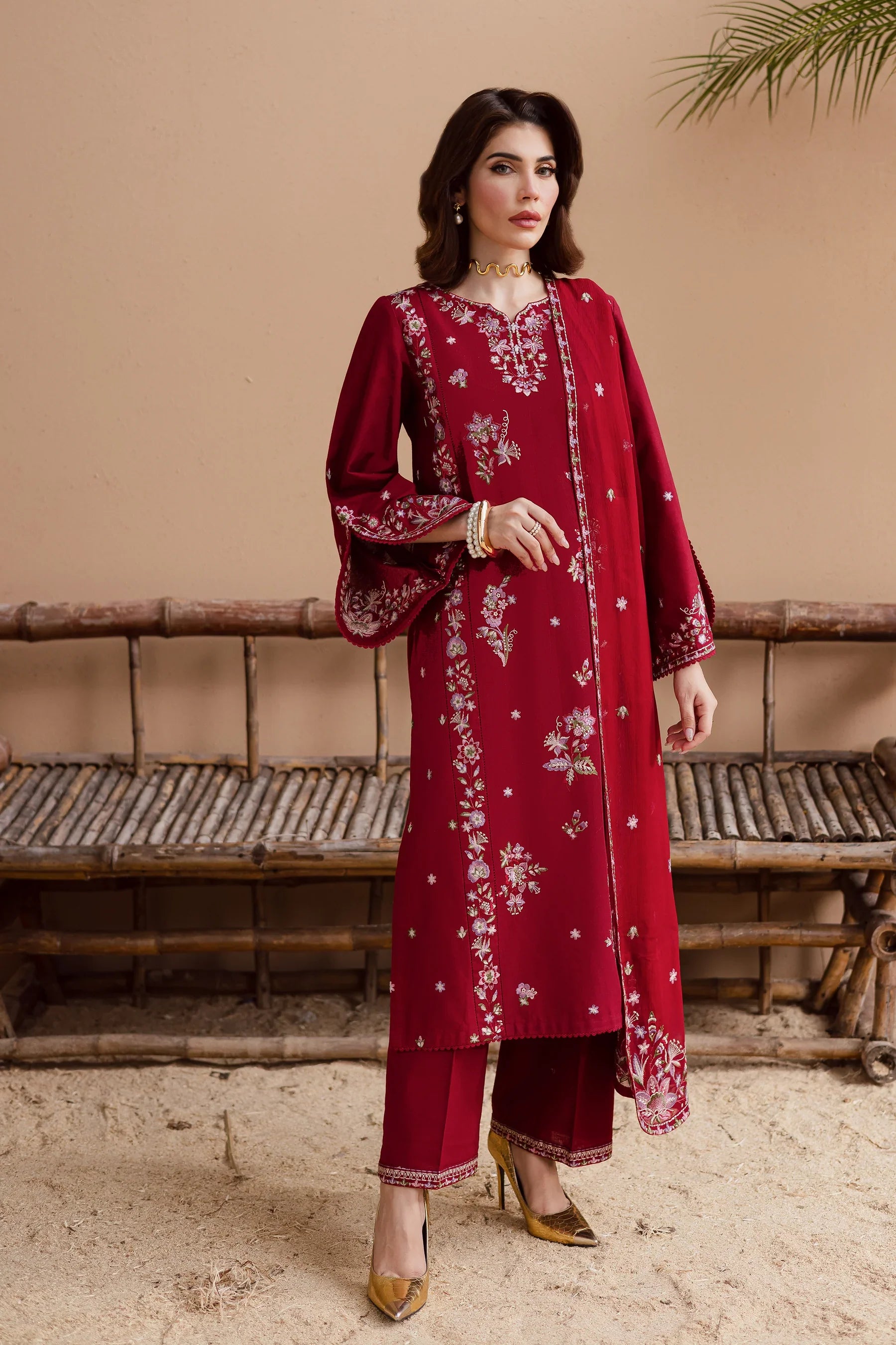 Beet Rush 3Pc Embroidered Dress
