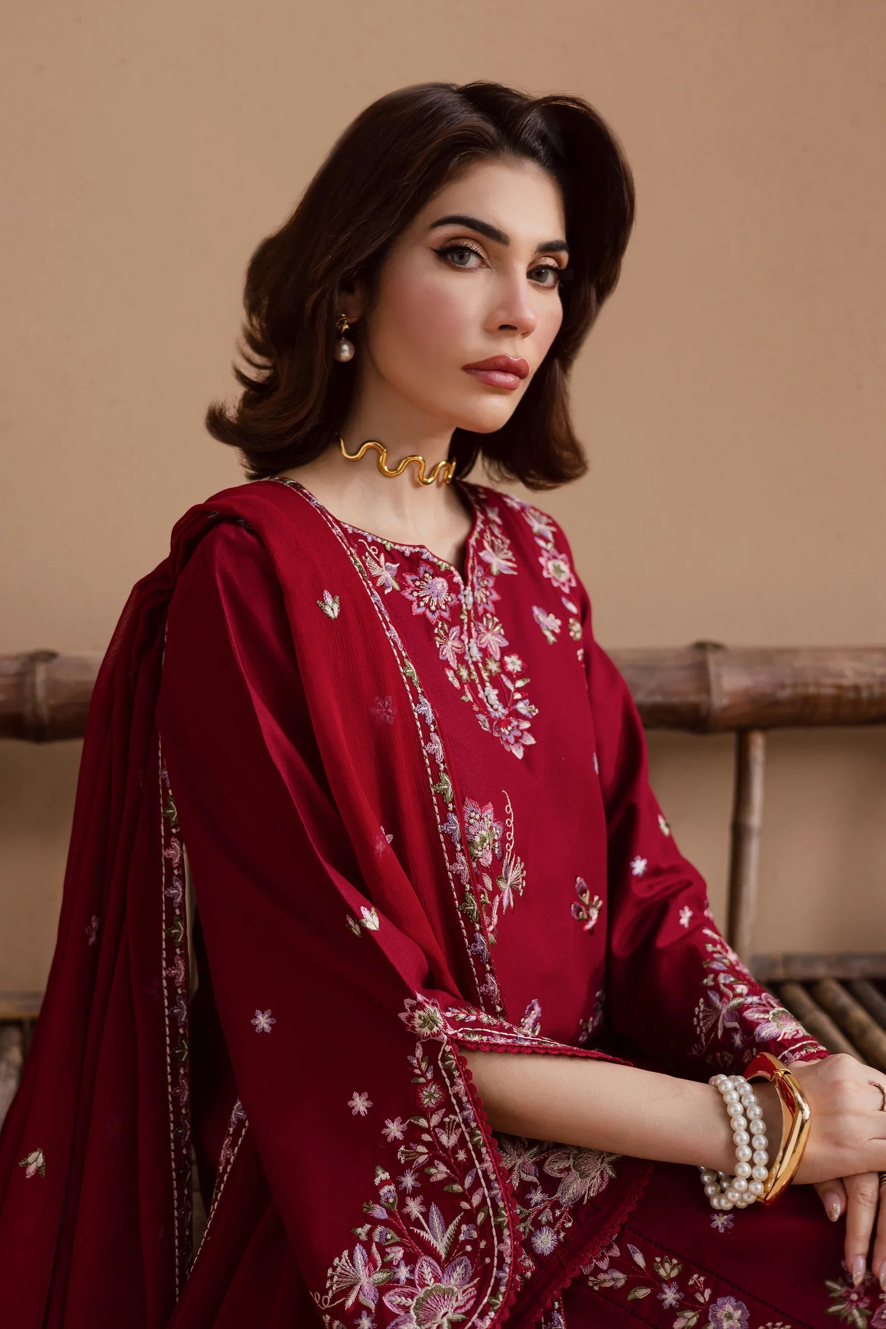 Beet Rush 3Pc Embroidered Dress