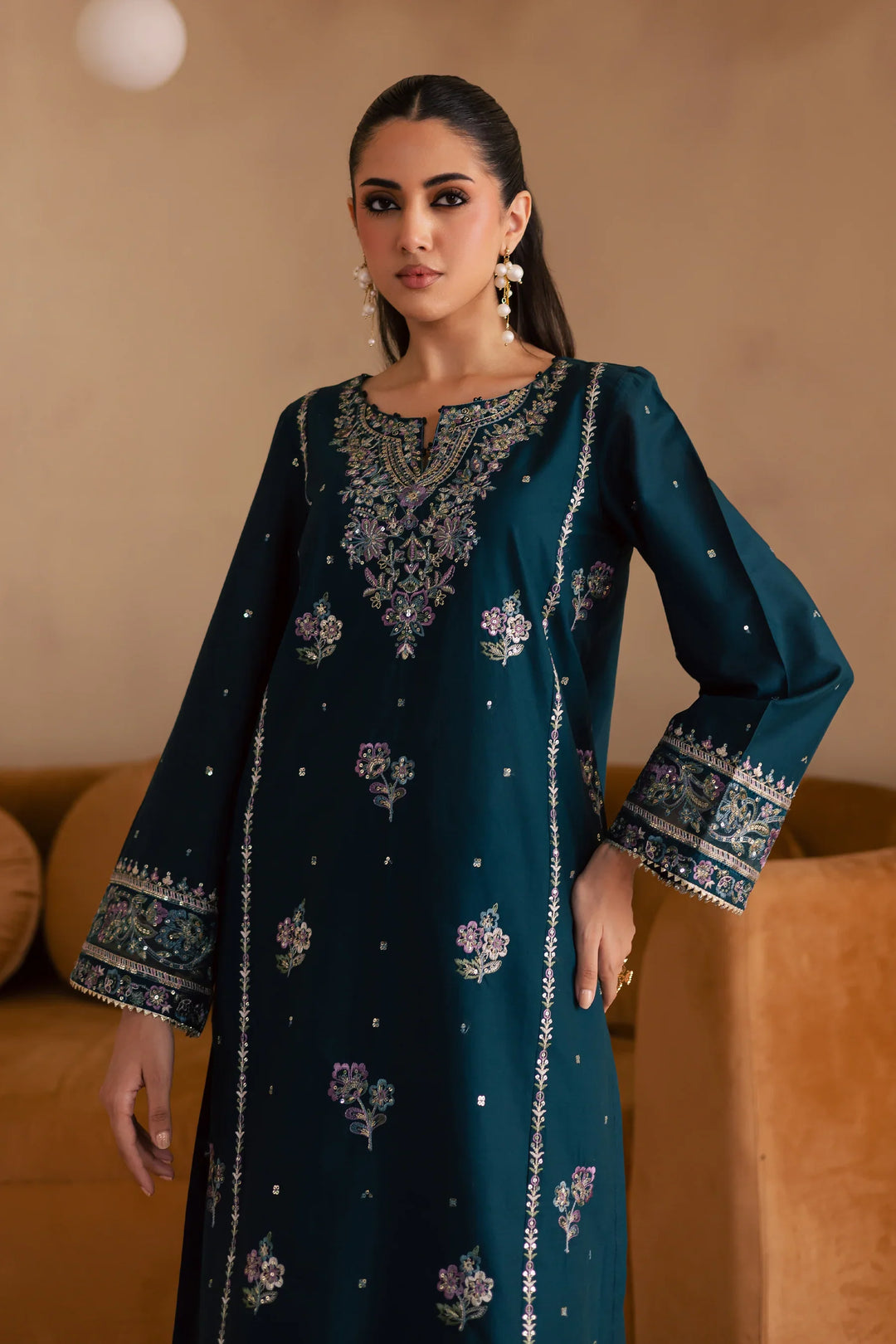 Best Selling - Pine 2Pc Embroidered Solid Dress