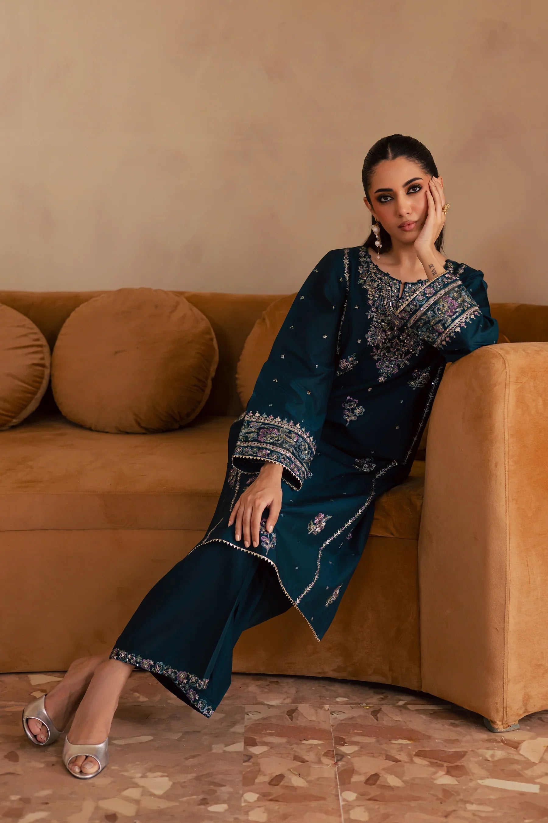 Pine 2Pc Embroidered Solid Dress
