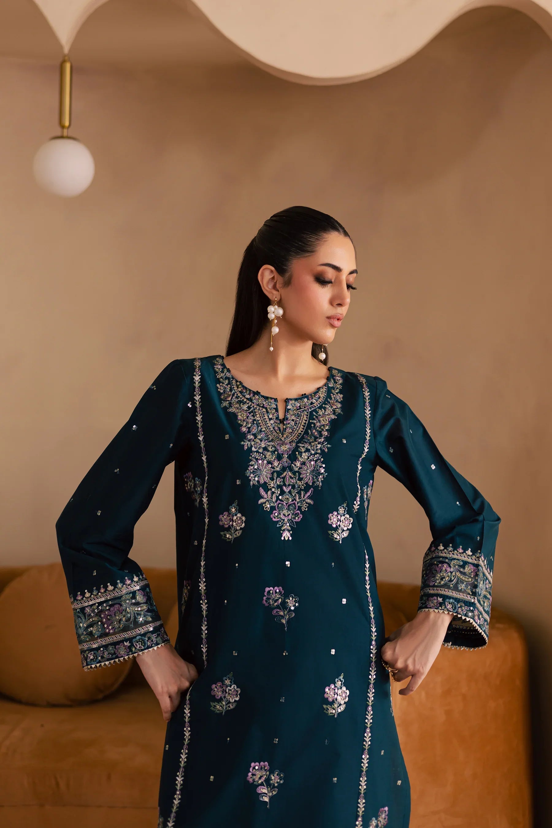 Pine 2Pc Embroidered Solid Dress
