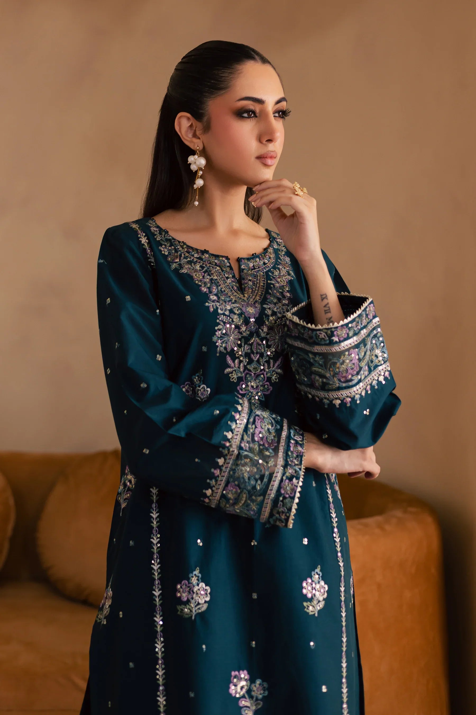 Pine 2Pc Embroidered Solid Dress