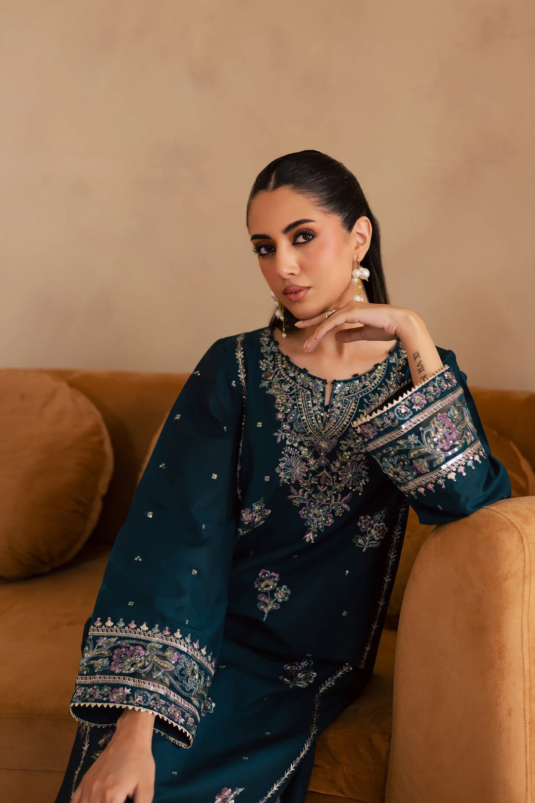 Best Selling - Pine 2Pc Embroidered Solid Dress