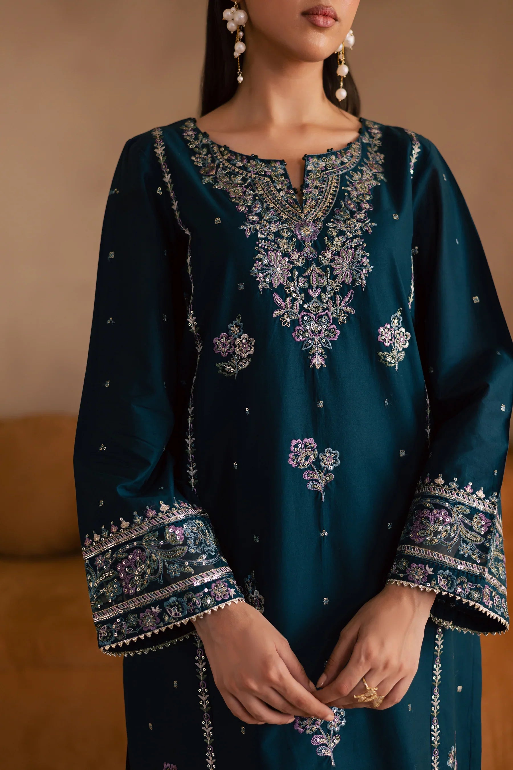 Pine 2Pc Embroidered Solid Dress