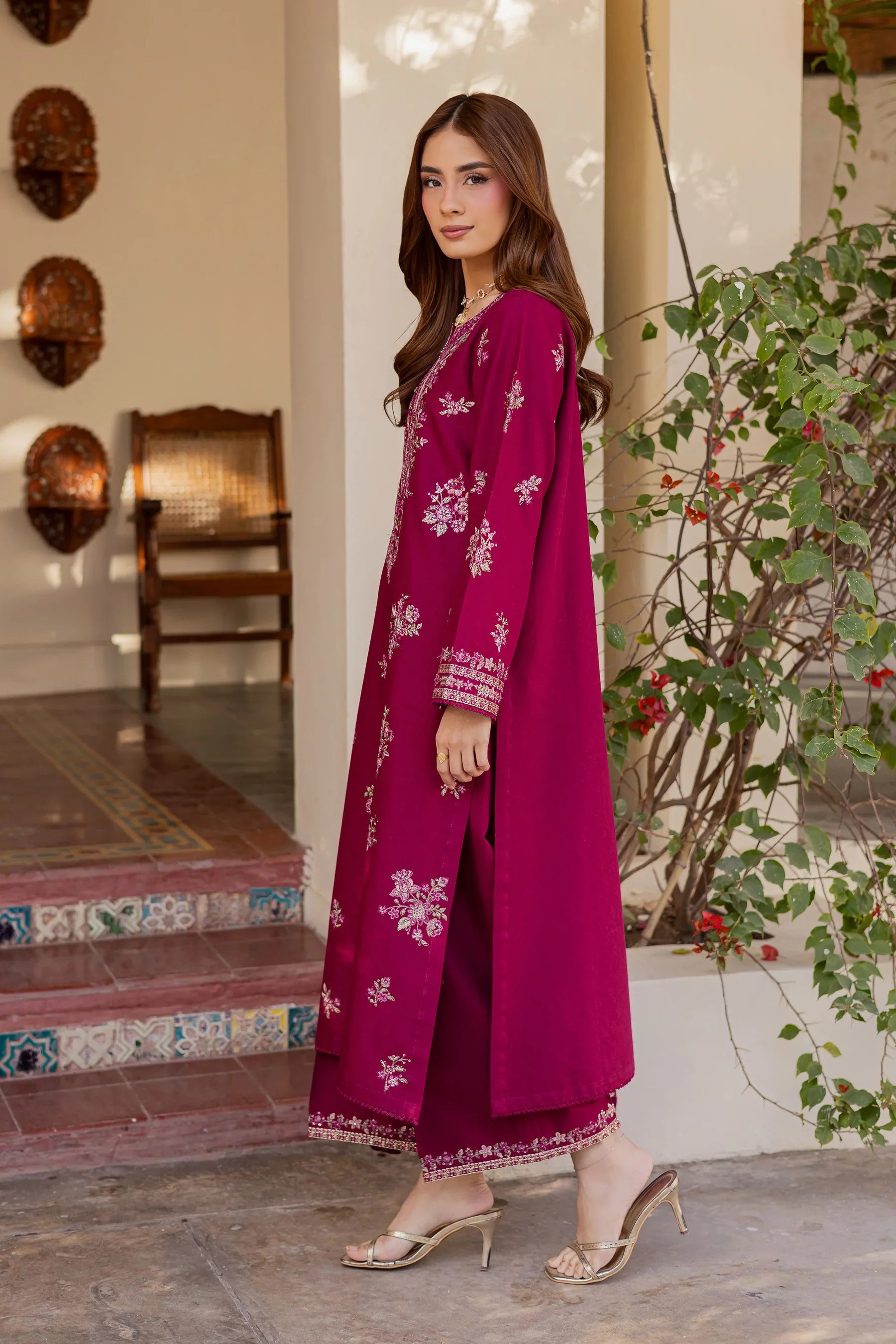 Plum Meeraki 3Pc Embroidered Dress