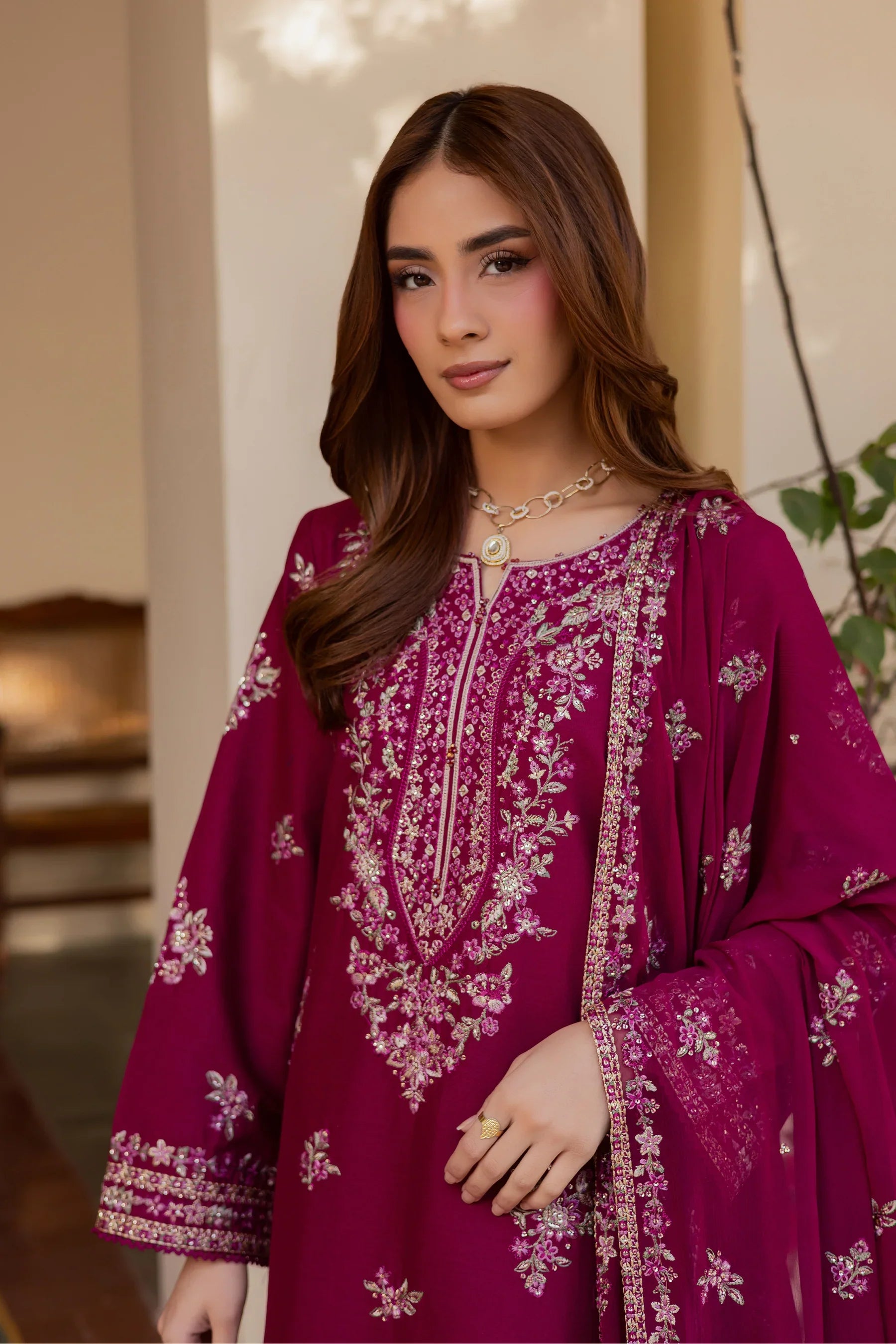Plum Meeraki 3Pc Embroidered Dress