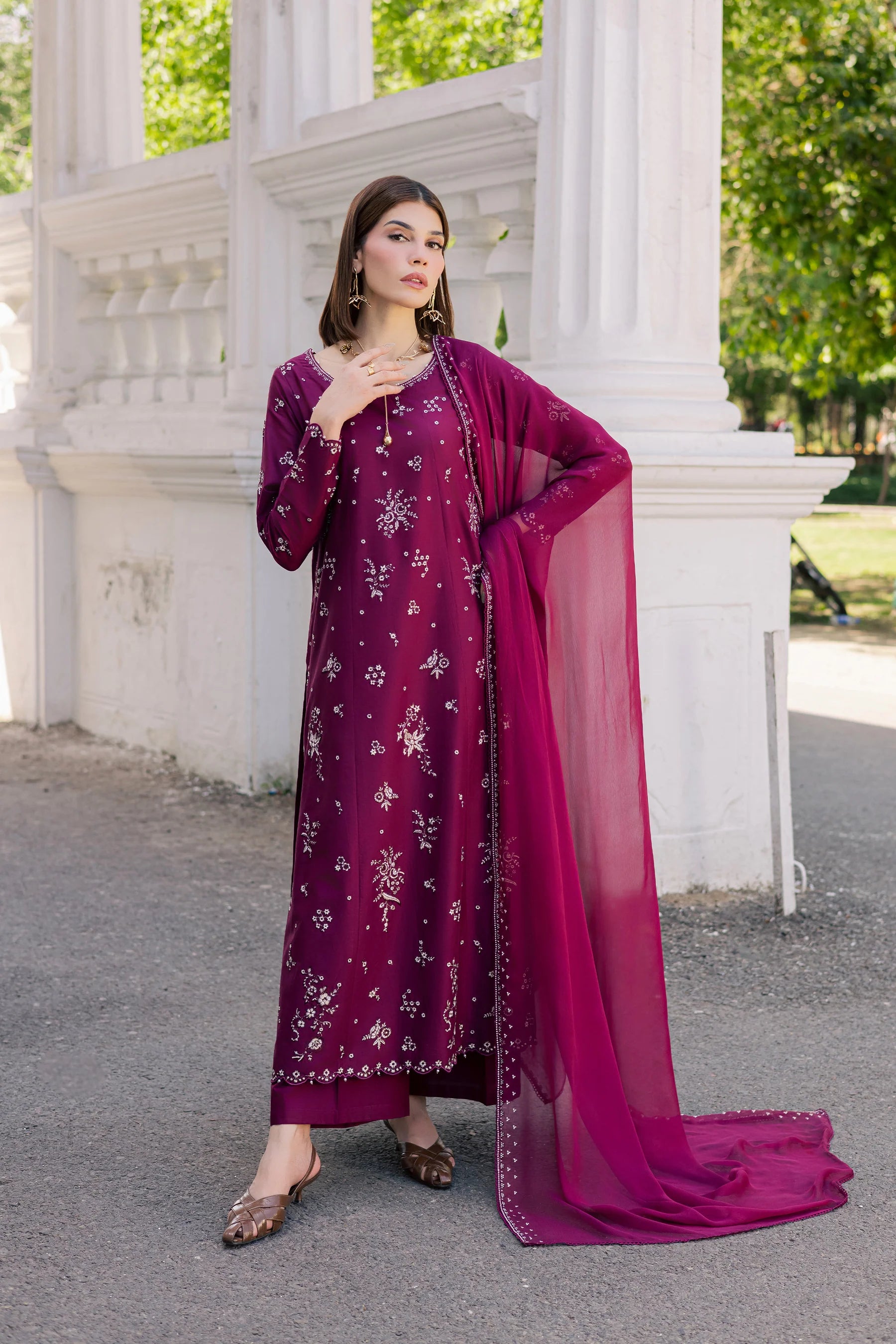 Plum Pop 3Pc Festive Embroidered Dress