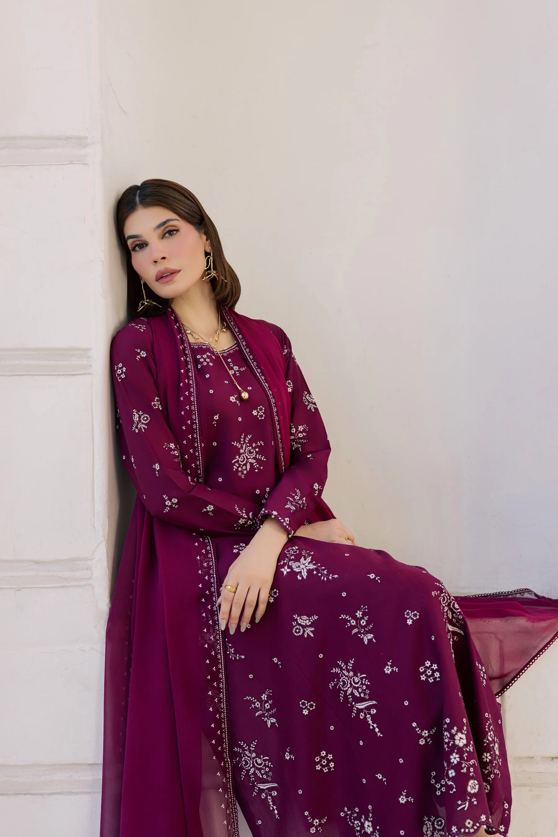 Plum Pop 3Pc Festive Embroidered Dress