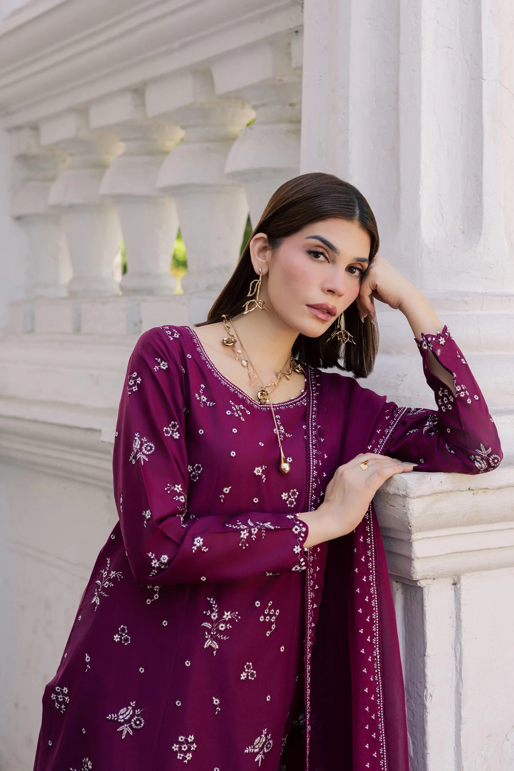 Plum Pop 3Pc Festive Embroidered Dress