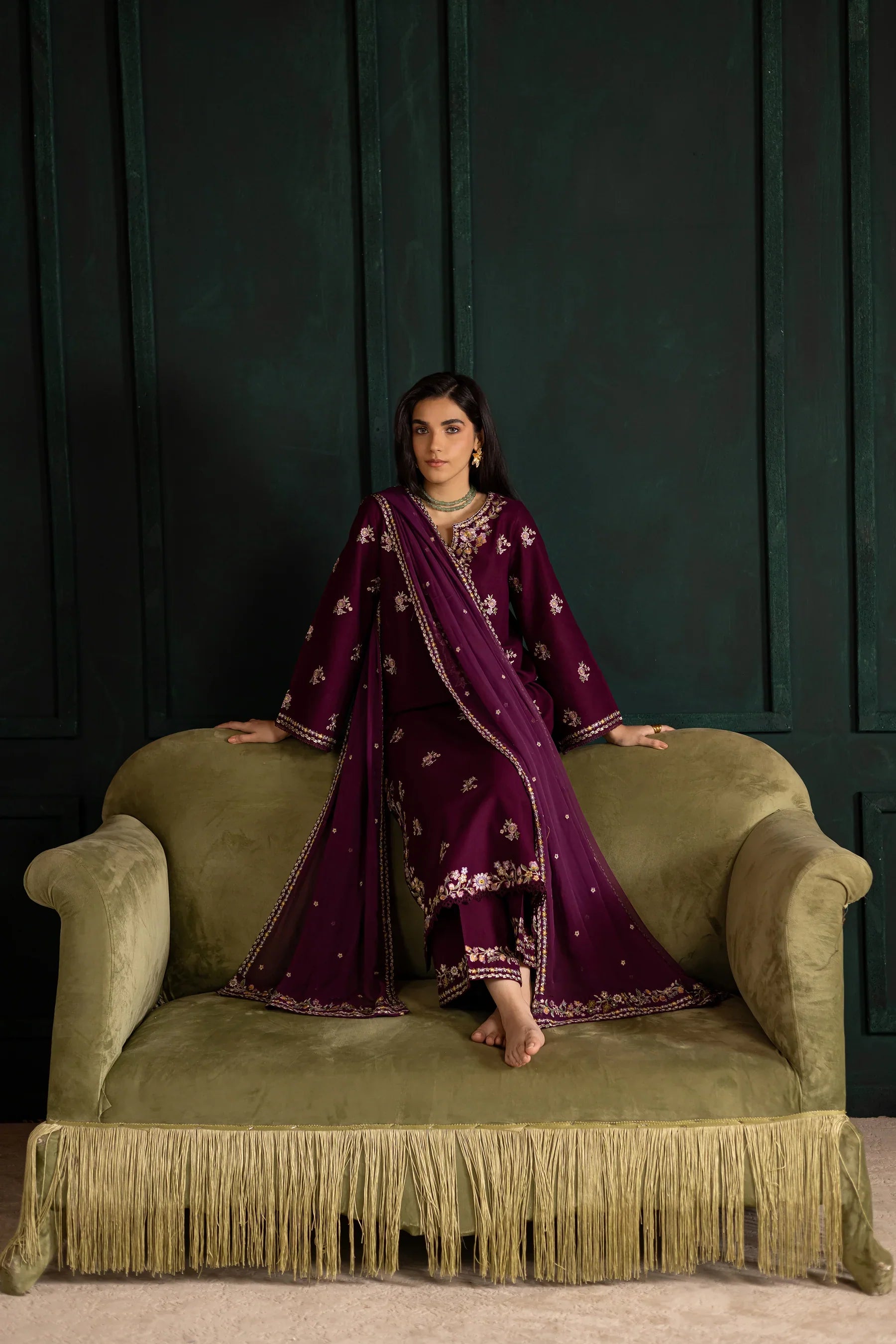 Prune 3Pc Embroidered Dress