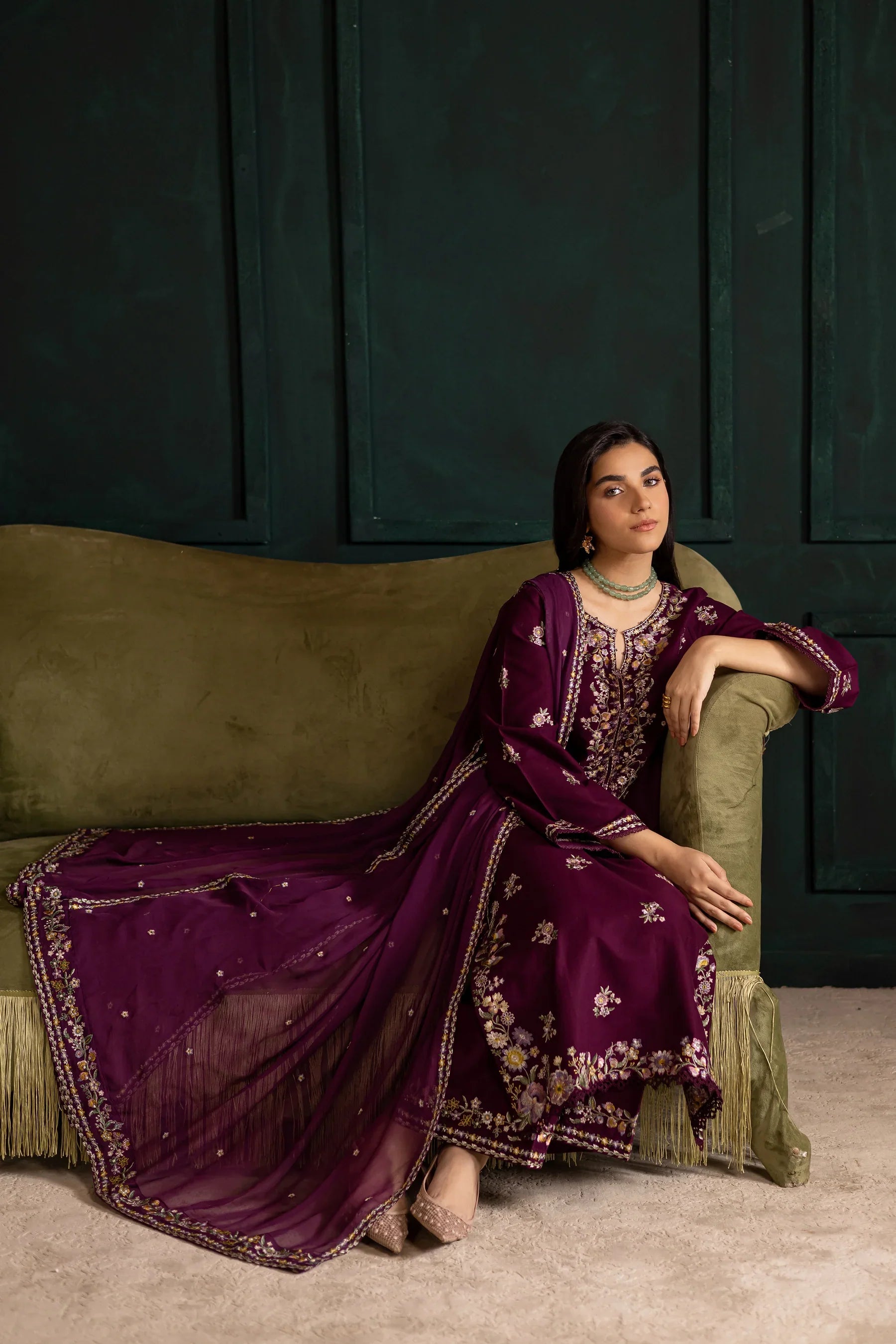 Prune 3Pc Embroidered Dress