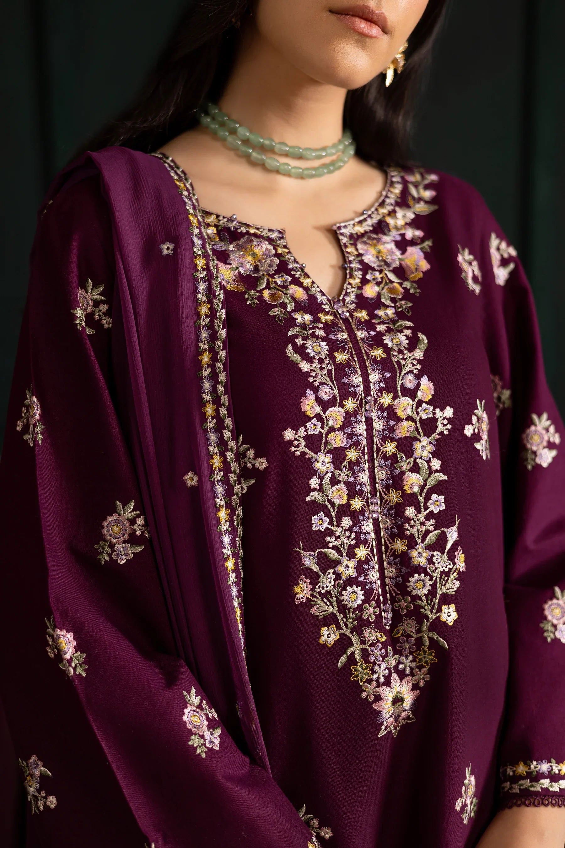 Prune 3Pc Embroidered Dress