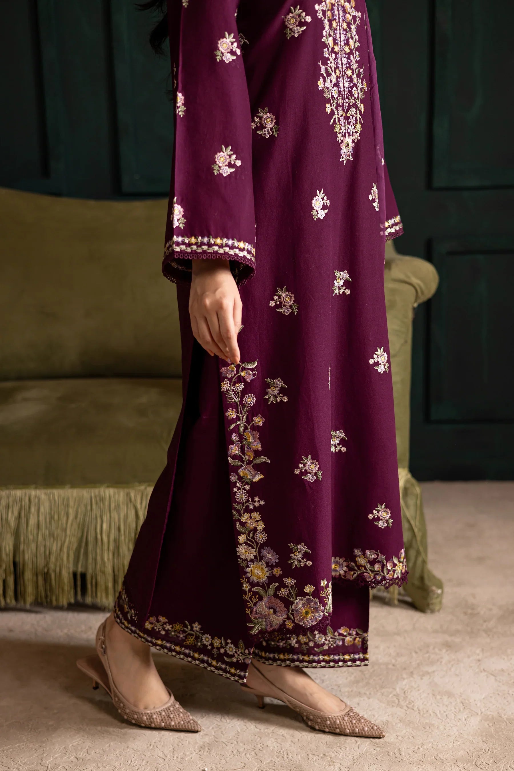 Prune 3Pc Embroidered Dress