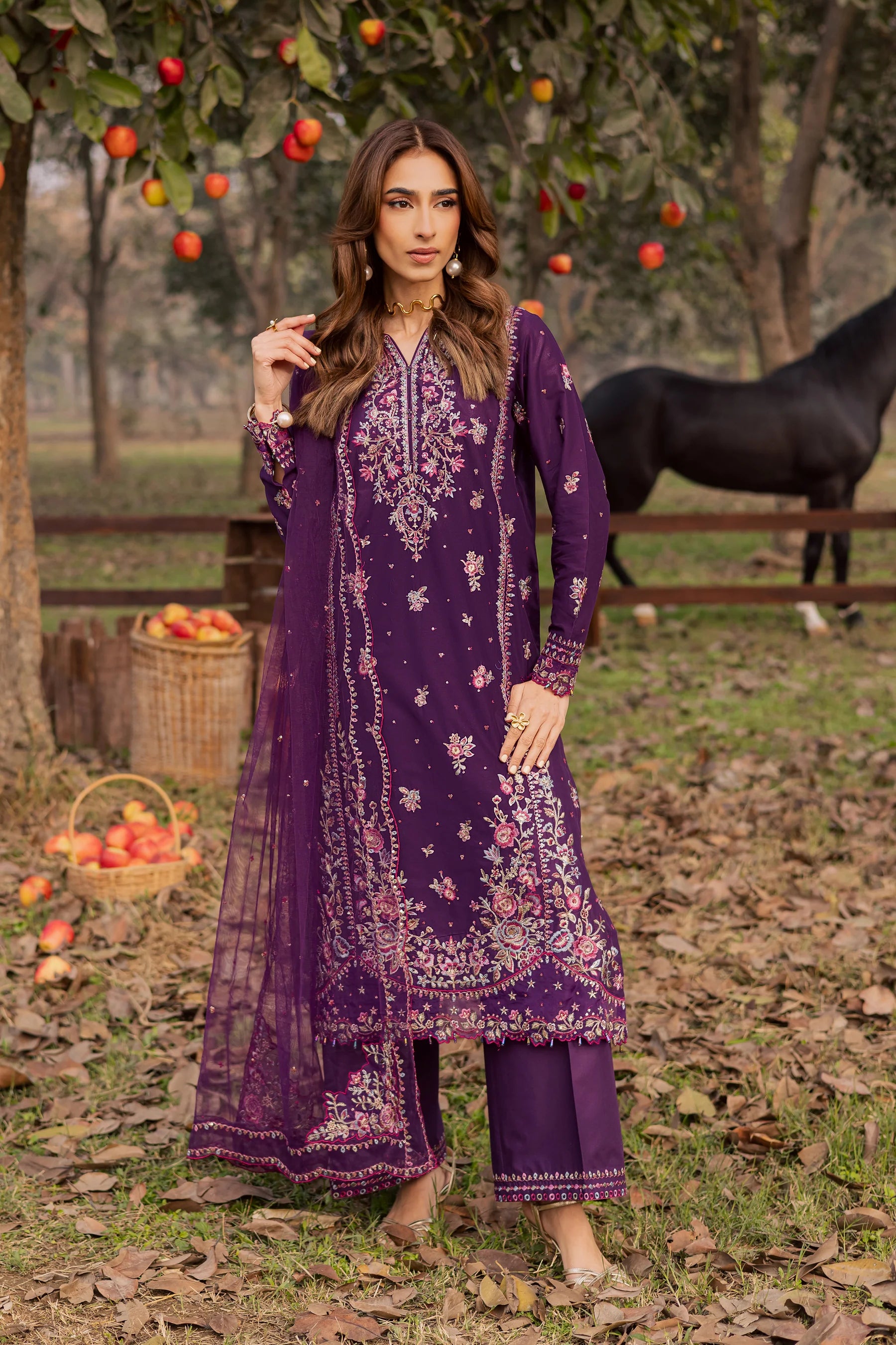 Purple Garden 3Pc Festive Embroidered Dress