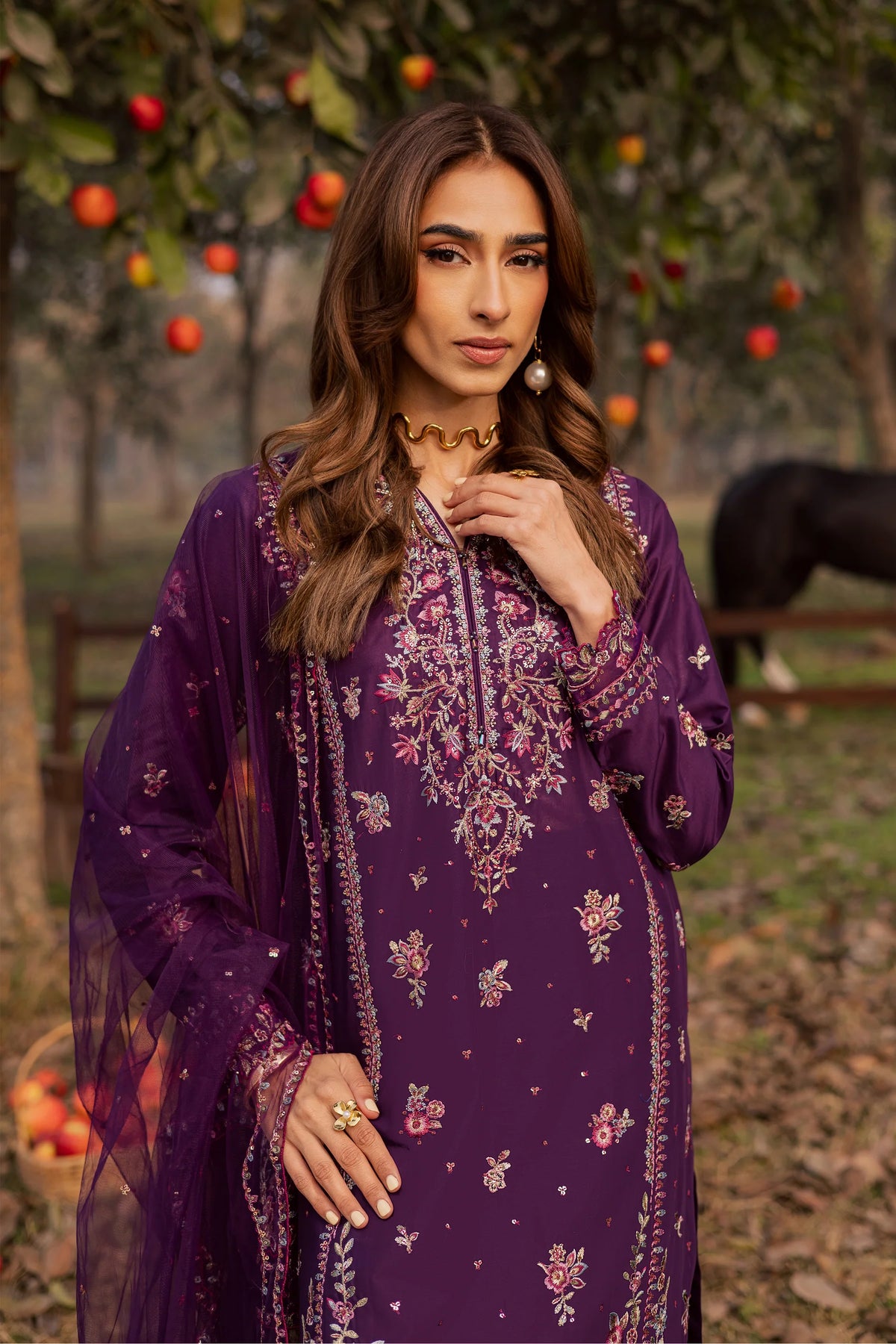 Purple Garden 3Pc Festive Embroidered Dress