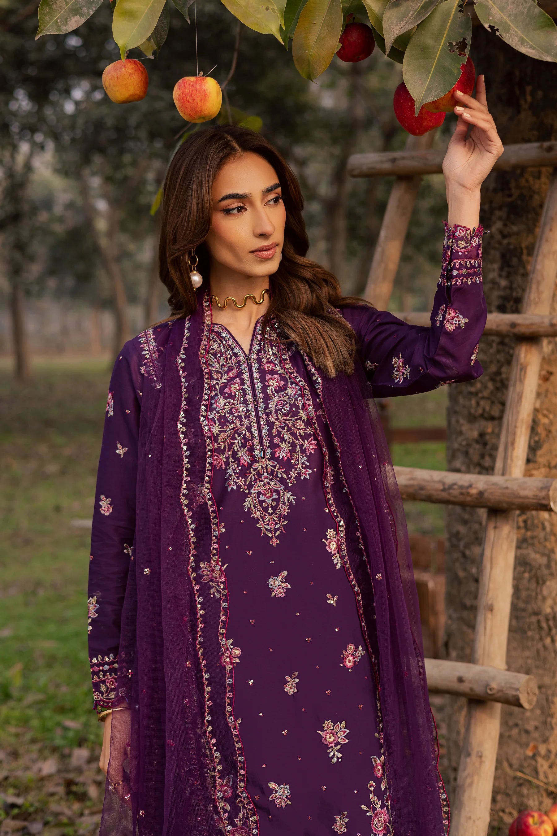Purple Garden 3Pc Festive Embroidered Dress