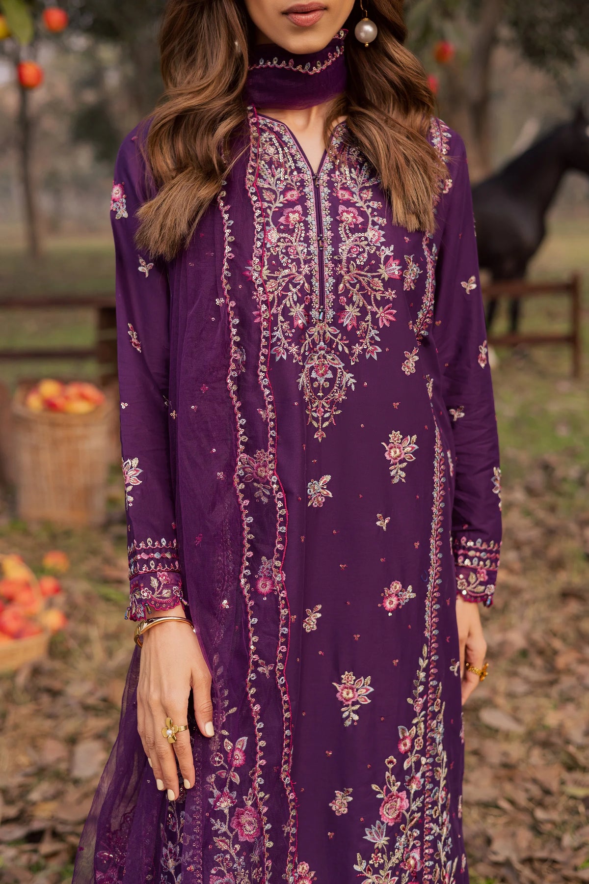 Purple Garden 3Pc Festive Embroidered Dress