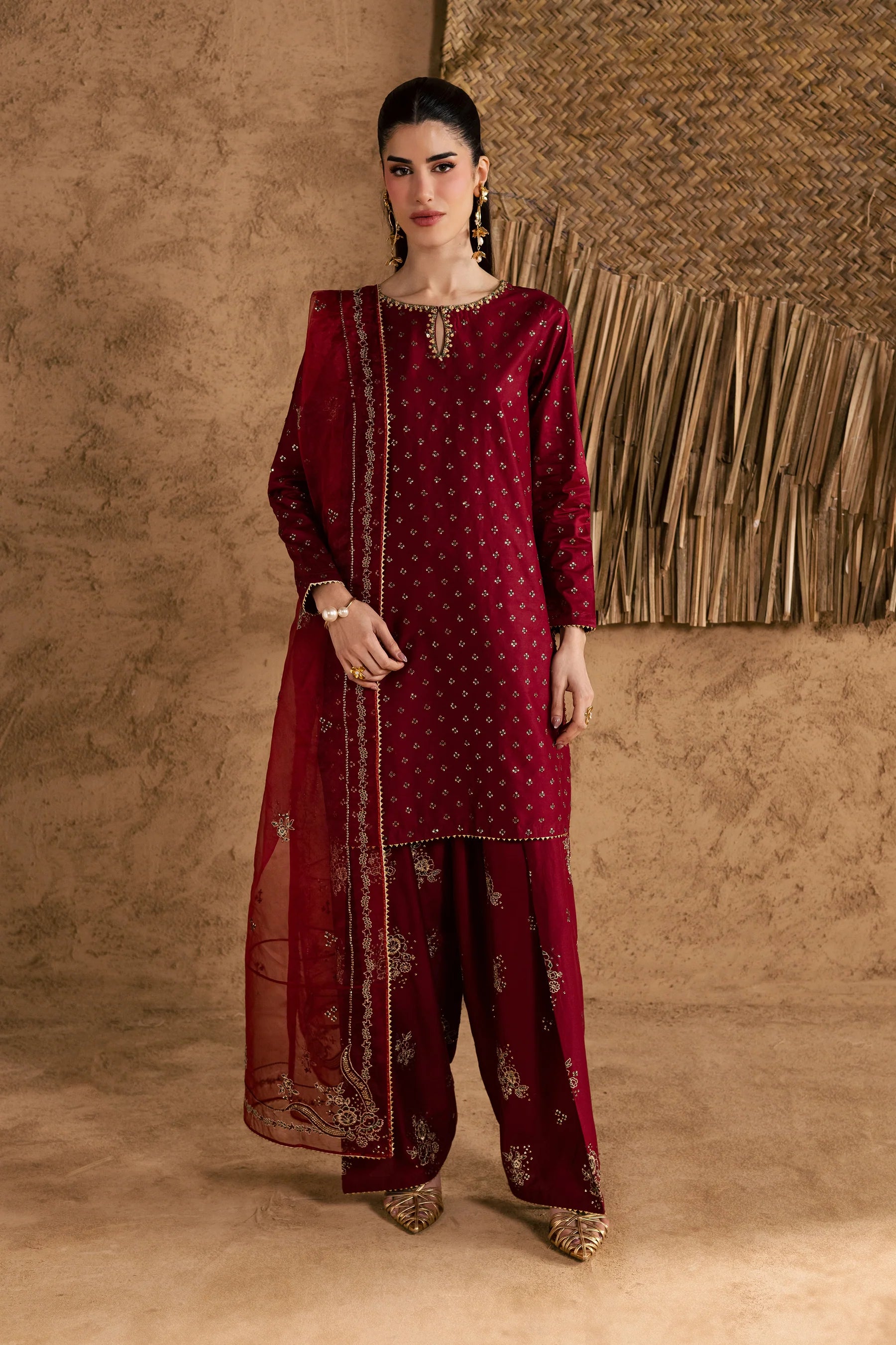 Red Monaco 3Pc Festive Embroidered Pret