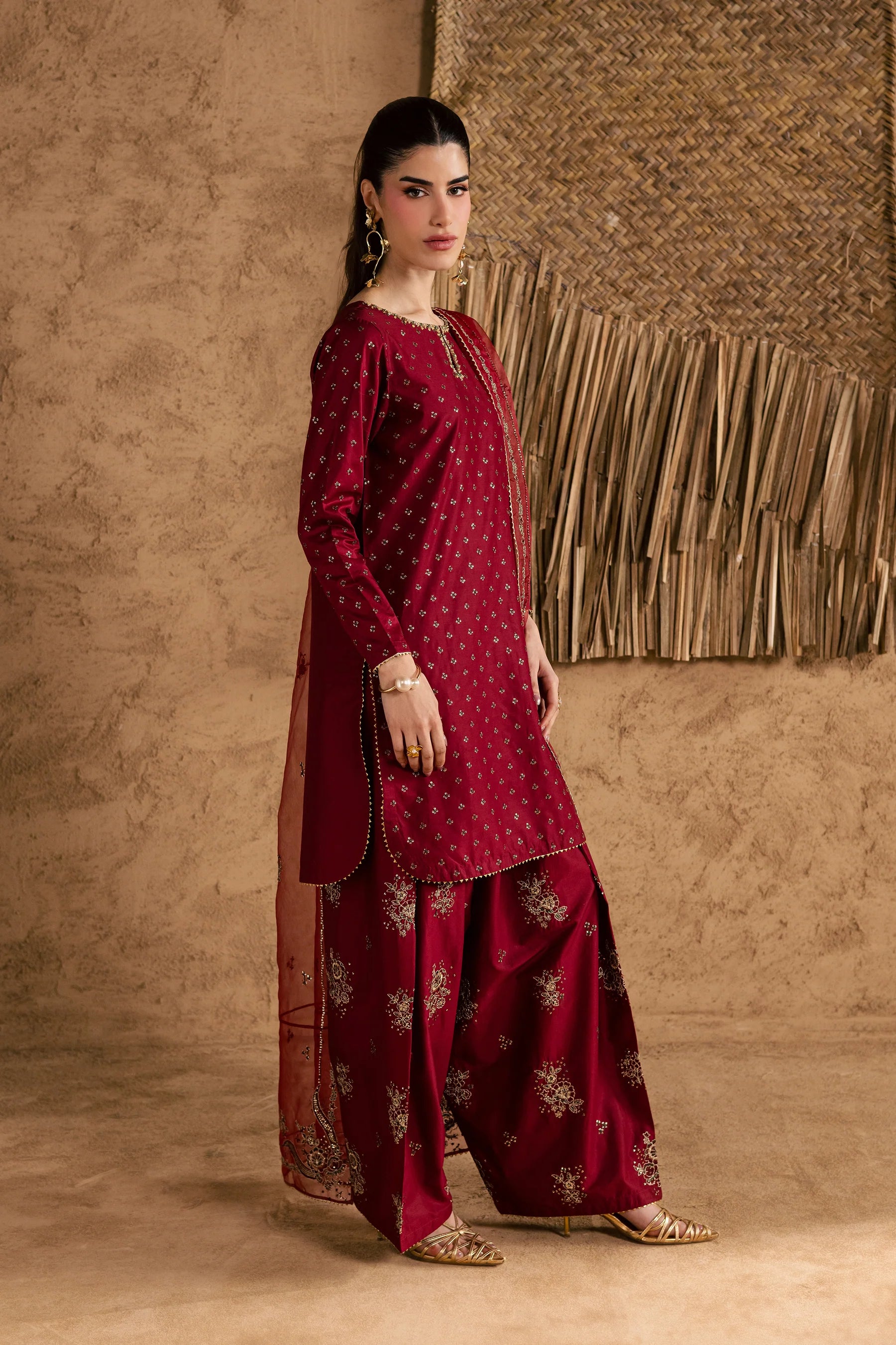 Red Monaco 3Pc Festive Embroidered Pret