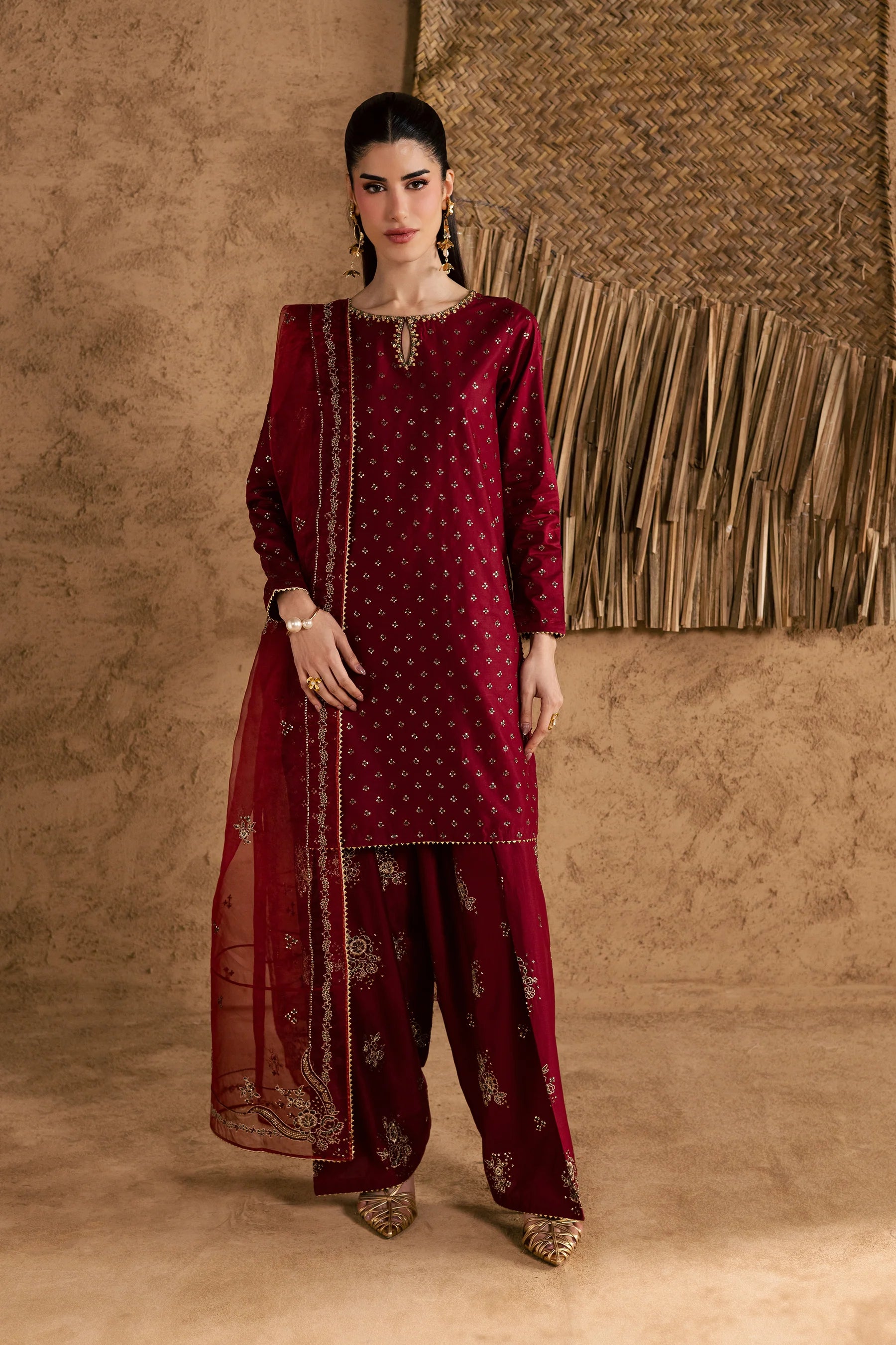 Red Monaco 3Pc Festive Embroidered Pret