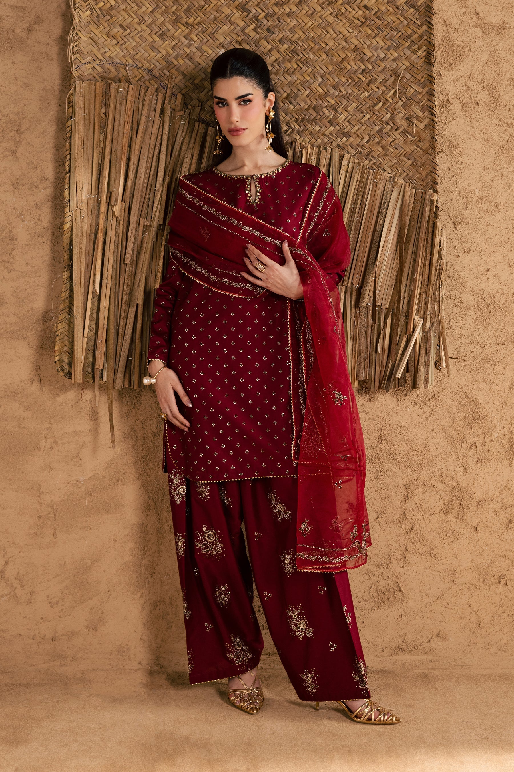 Red Monaco 3Pc Festive Embroidered Pret