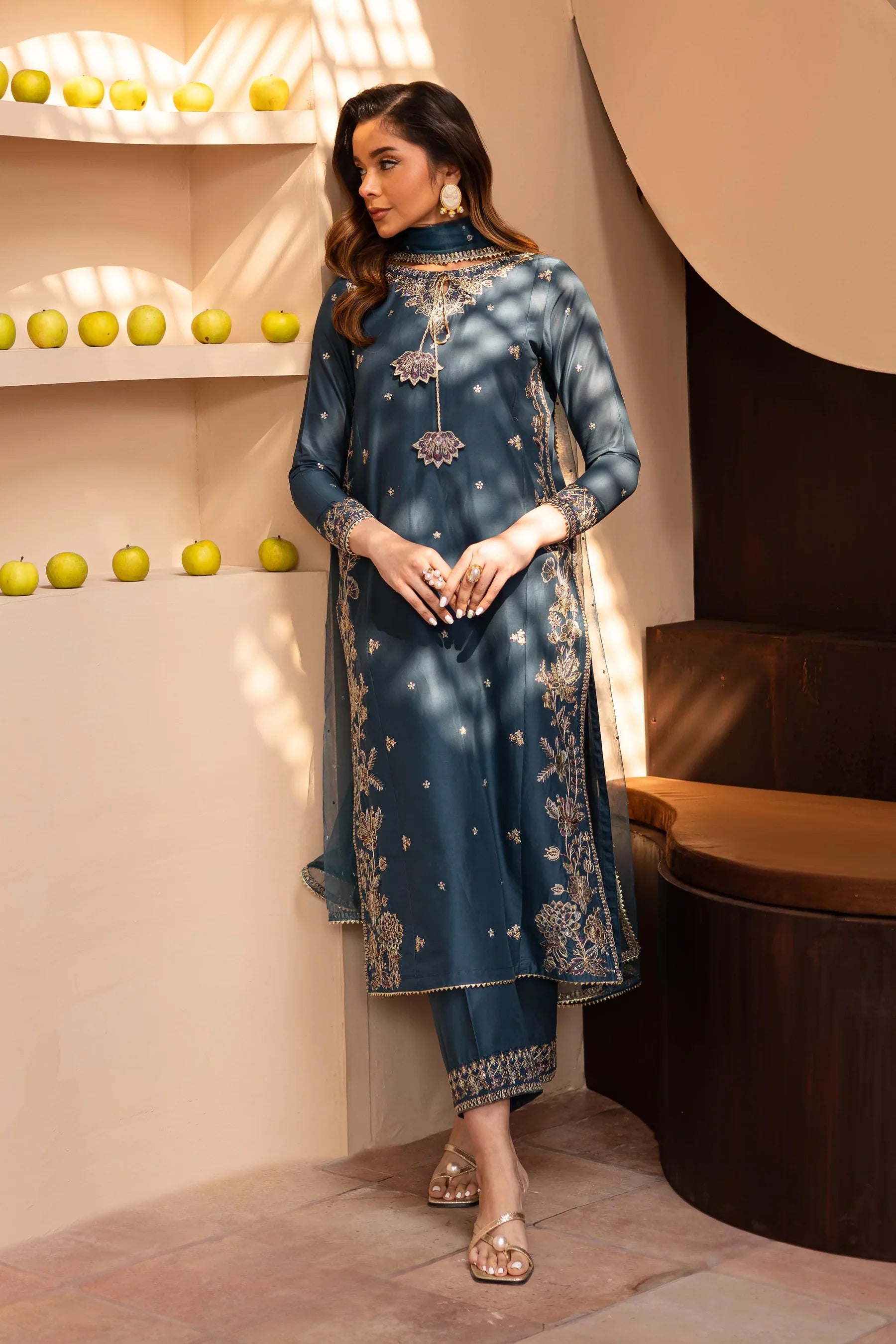 Teal Glam 3Pc Embroidered Dress