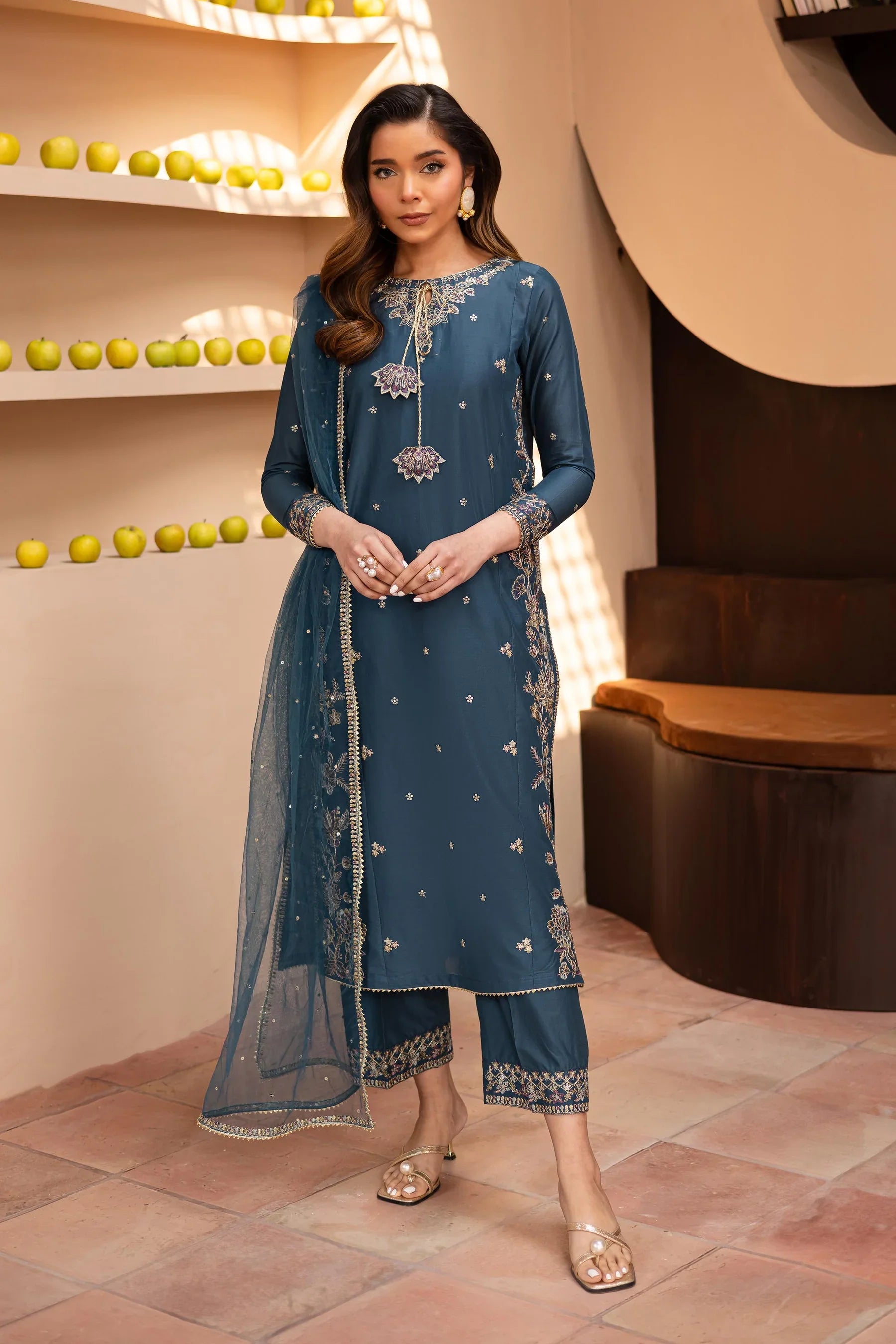 Teal Glam 3Pc Embroidered Dress